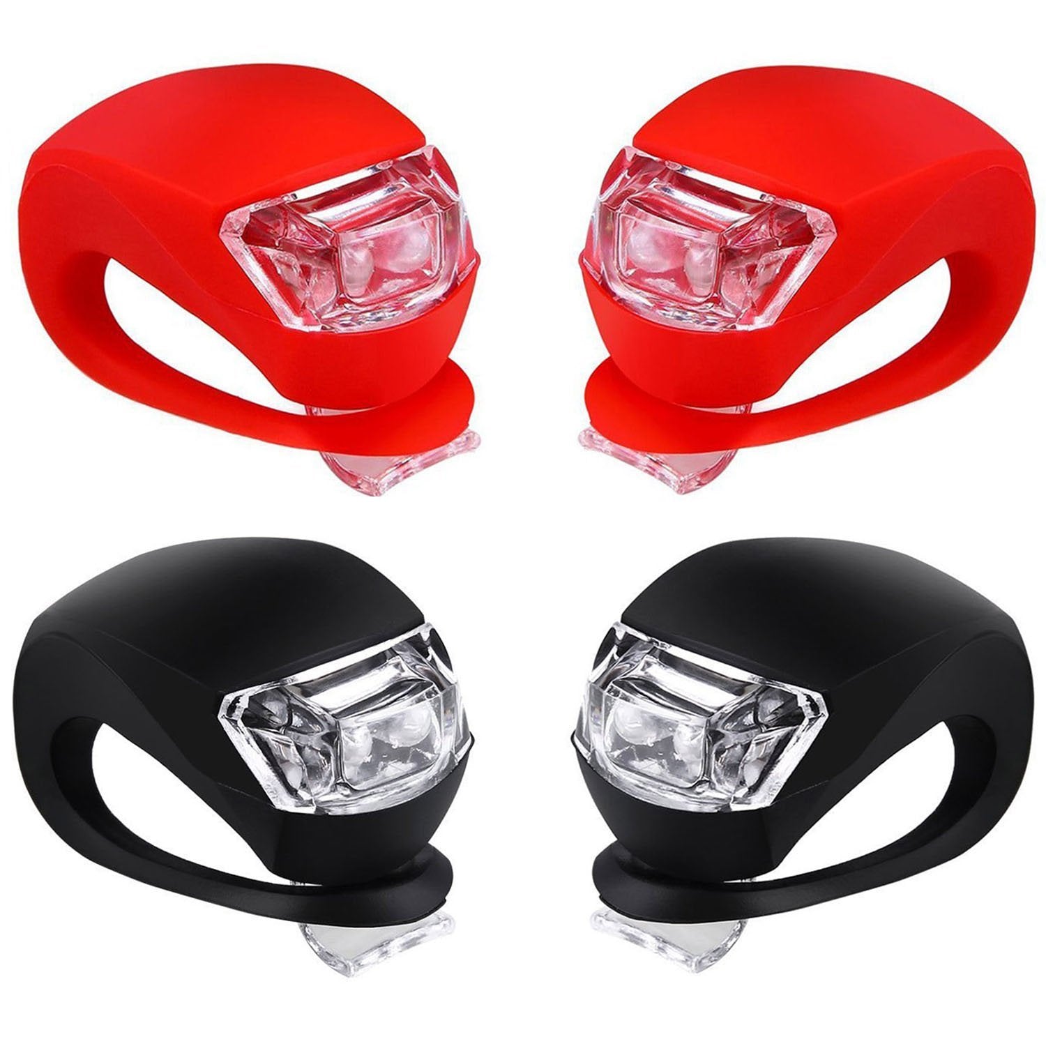 Malker Fahrradbeleuchtung vorne und hinten, Silikon-LED-Fahrradleuchten-Set – Vorder- und Rücklicht, wasserdicht und sicher für Rennräder und Mountainbikes, Batterien enthalten (2 Stück rot & 2 Stück schwarz)