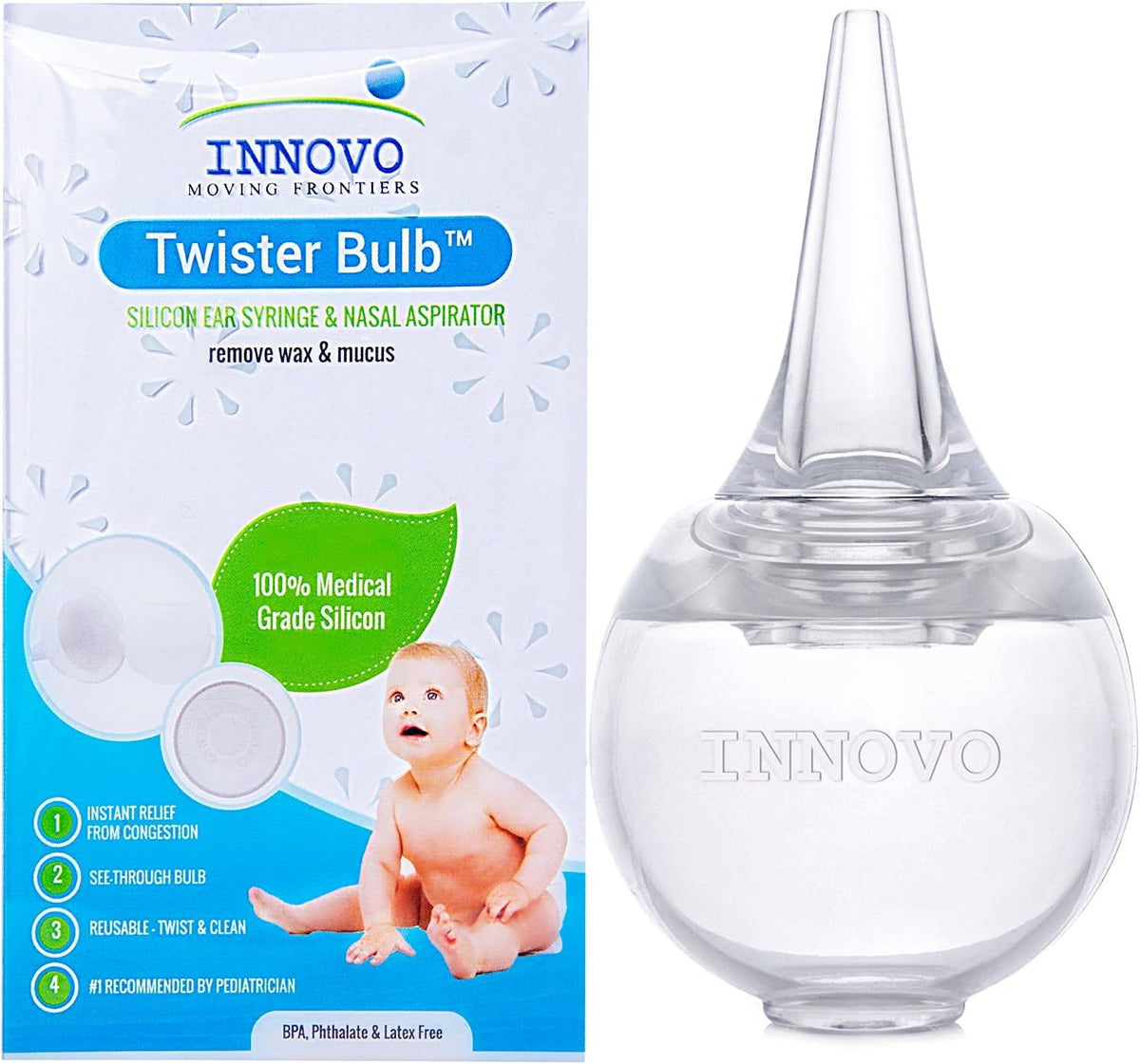 Innovo FSA/HSA-konforme, medizinische Silikon-Nasensauger für Babys, zum Aufsaugen von Schleim und Nasensekret, zu reinigen und wiederverwendbar, transparent