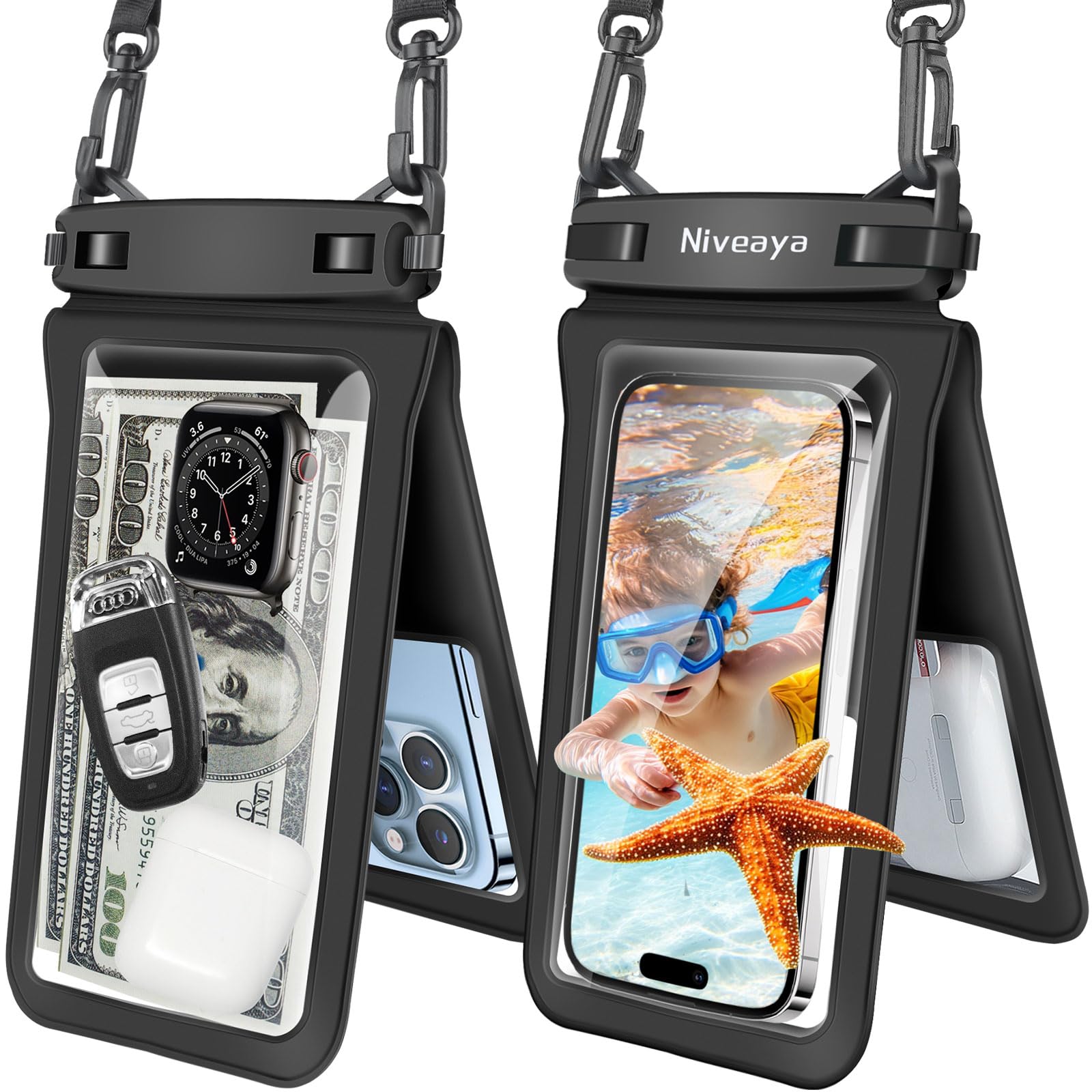 Niveaya Double Space Waterproof Phone Pouch (2-Pack) - IPX8 Cell Phone Dry Bag for Beach, Kayak, Cruise Travel Essentials - Compatible with iPhone 16/15/14 Pro Max & Galaxy S25/S24 Ultra (up to 8.3")