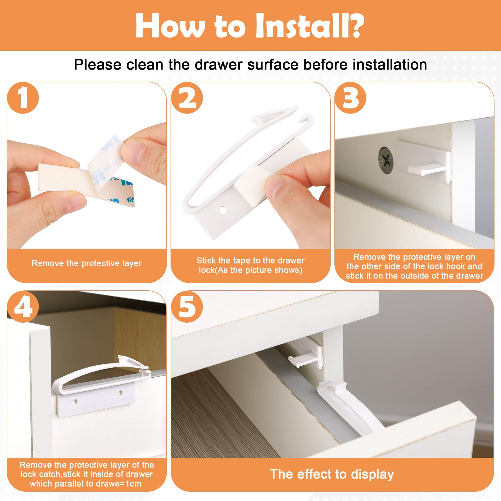 Coolrunner Child Safety Drawer Locks, 8 Pack Safety Invisible Drawer Latches with Strong Adhesive for Baby Care,Only fit for Some Drawer, Please See Below Before Buying