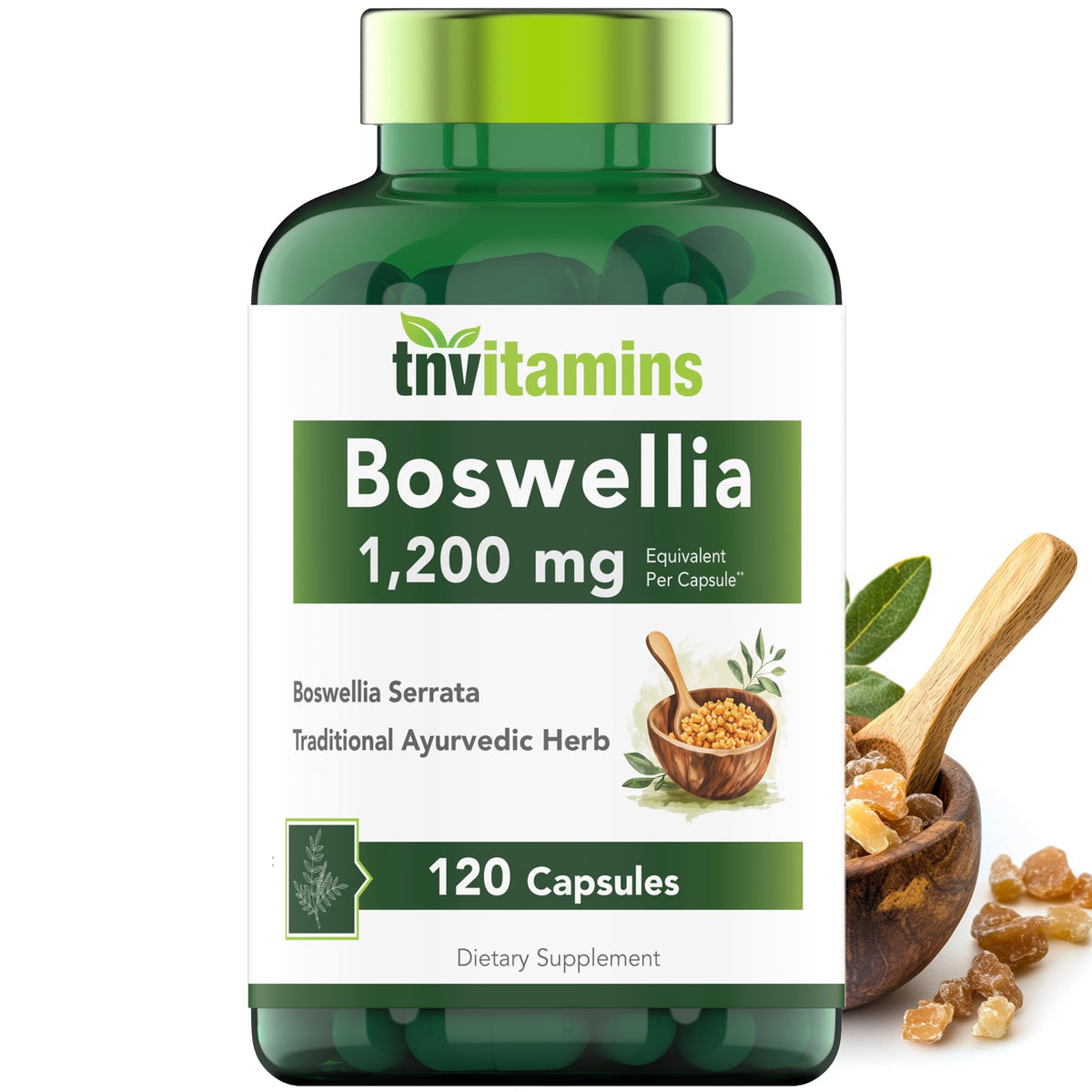 tnvitamins Boswellia Serrata Kräuterextrakt Kapseln | 1200 mg/Kapsel (120 Kapseln) | Nahrungsergänzungsmittel zur Gelenkunterstützung* | Ayurvedisches Kraut: Indischer Olibanum/Weihrauch
