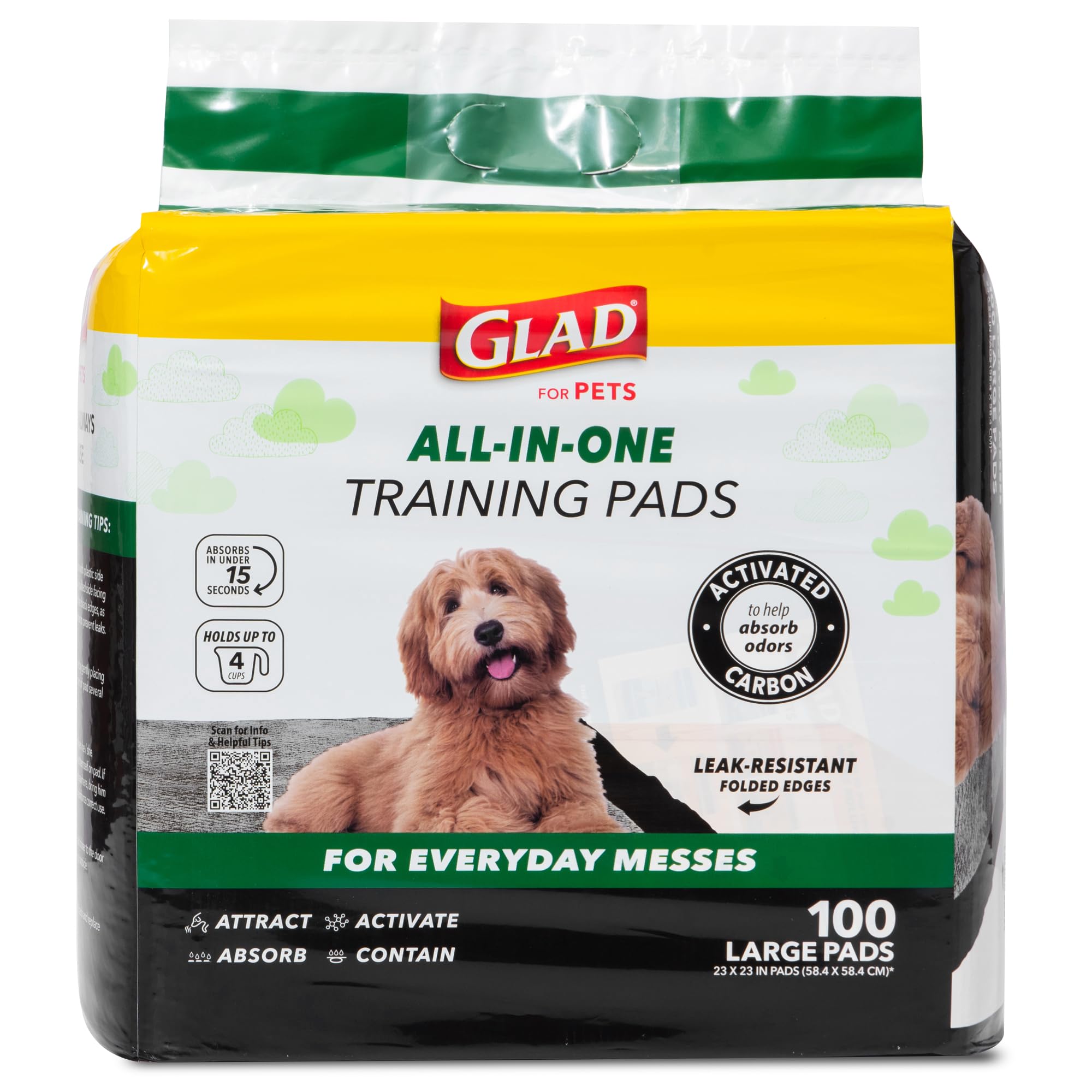 Glad for Pets وسادات فحم أسود للجراء، 23 بوصة × 23 بوصة، وسادات بول للاستخدام مرة واحدة تمتص البول وتحييده فورًا، وسادات تدريب من الكربون النشط للكلاب - 100 قطعة