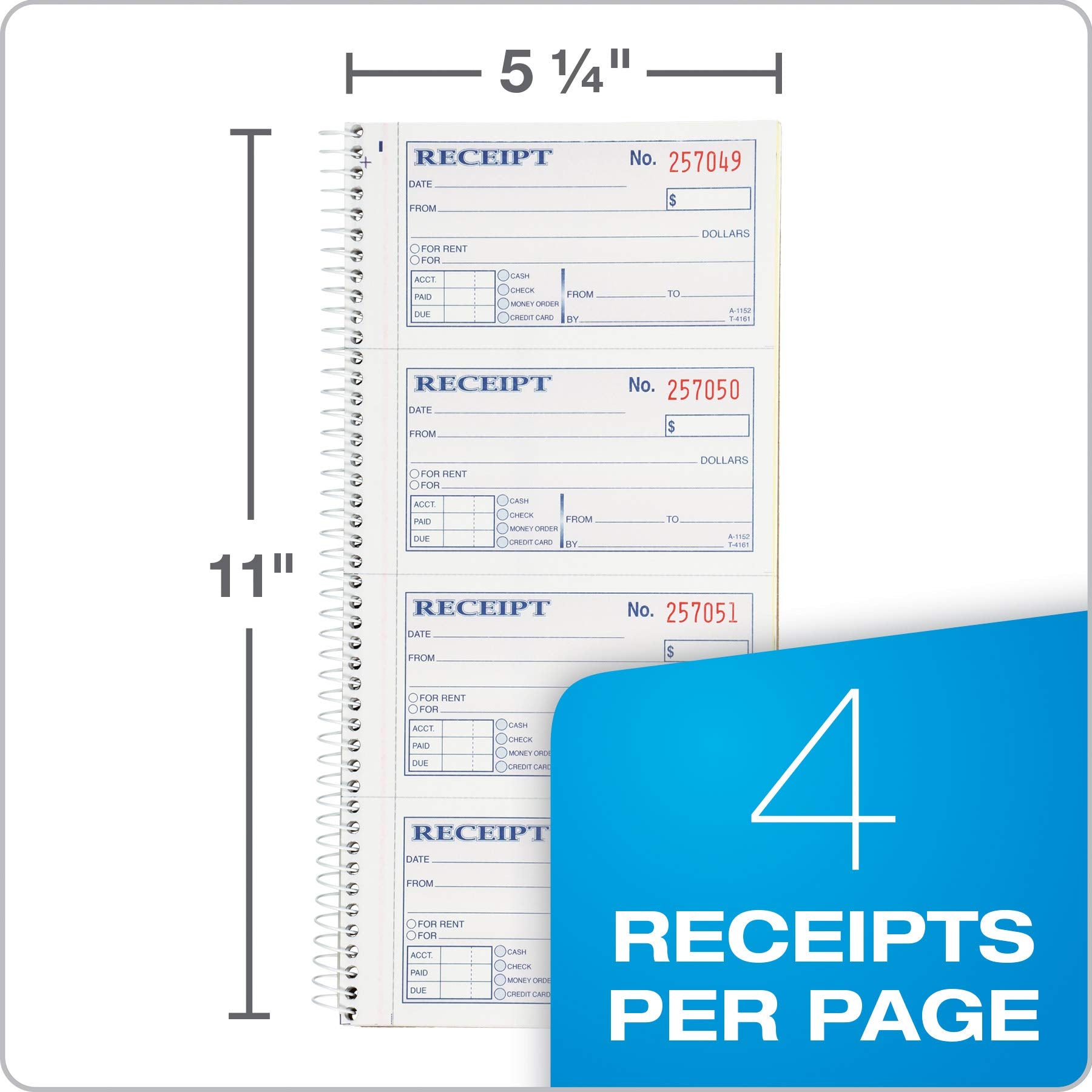 Adams Money and Rent Receipt Book, 2-Part Carbonless, 5-1/4 x 11, Spiral Bound, 200 Sets per Book, 4 Receipts per Page (SC1152)