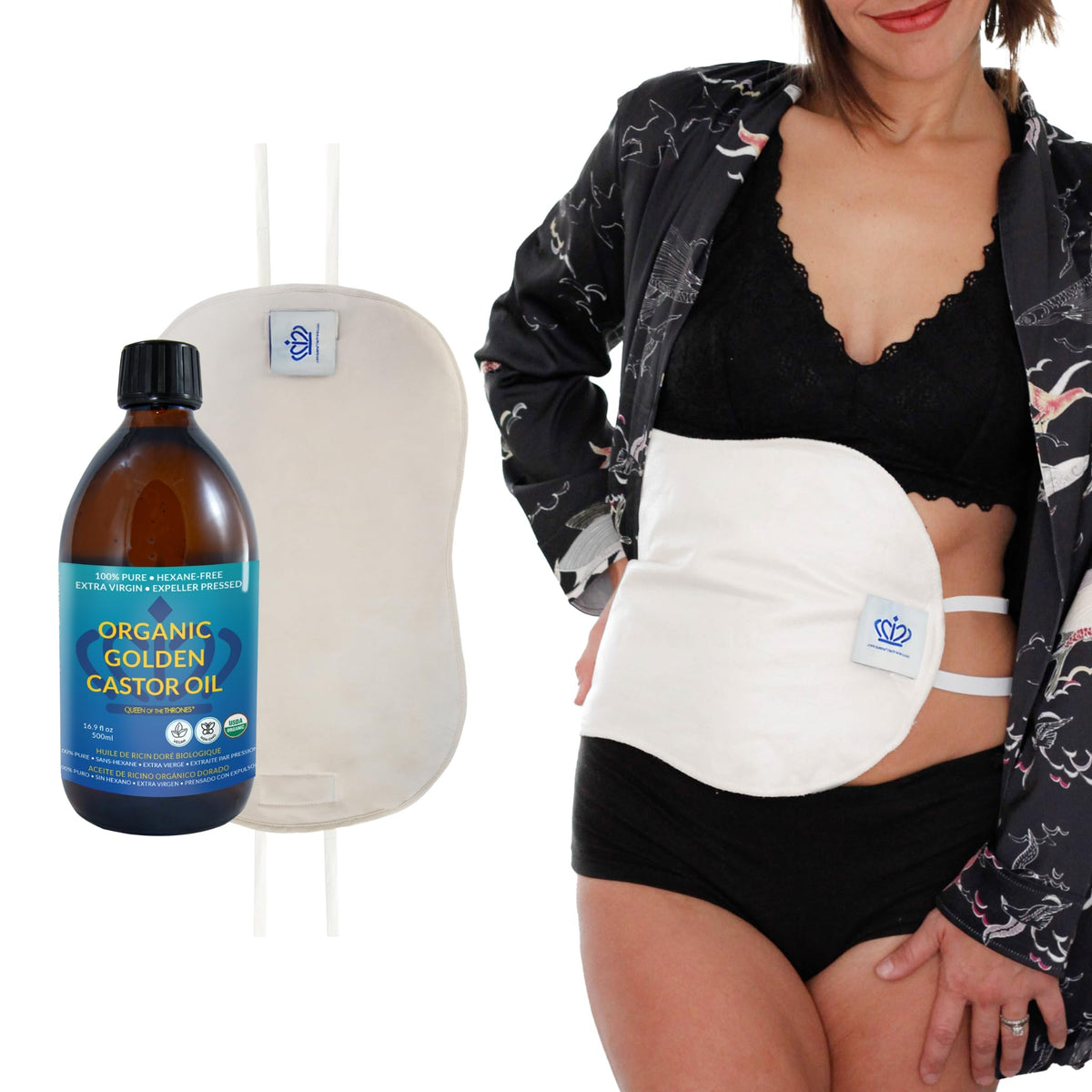 QUEEN OF THE THRONES Rizinusöl-Wickel für die Leber – hitzefrei, sauberer, wiederverwendbar – Bio-Baumwollflanell, bequeme Passform, weiche Gurte & von Naturheilpraktikern entwickelt (478 g Rizinusöl enthalten)