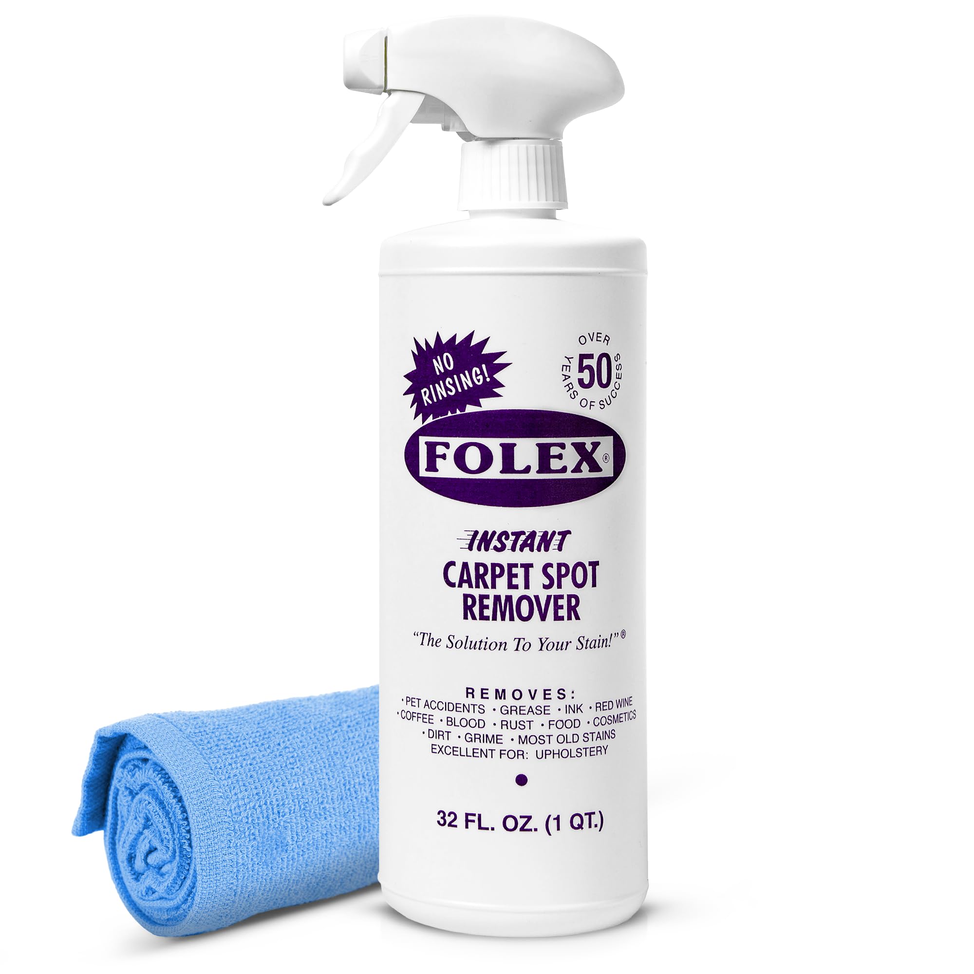 FOLEX Instant Carpet Spot Remover 32 oz - Powerful Stain Remover for Carpets, Upholstery & Rugs - Eliminates Pet Stains, Grease, Red Wine, Food, Makeup & More - With Reusable Cleaning Cloth - 1 Pack