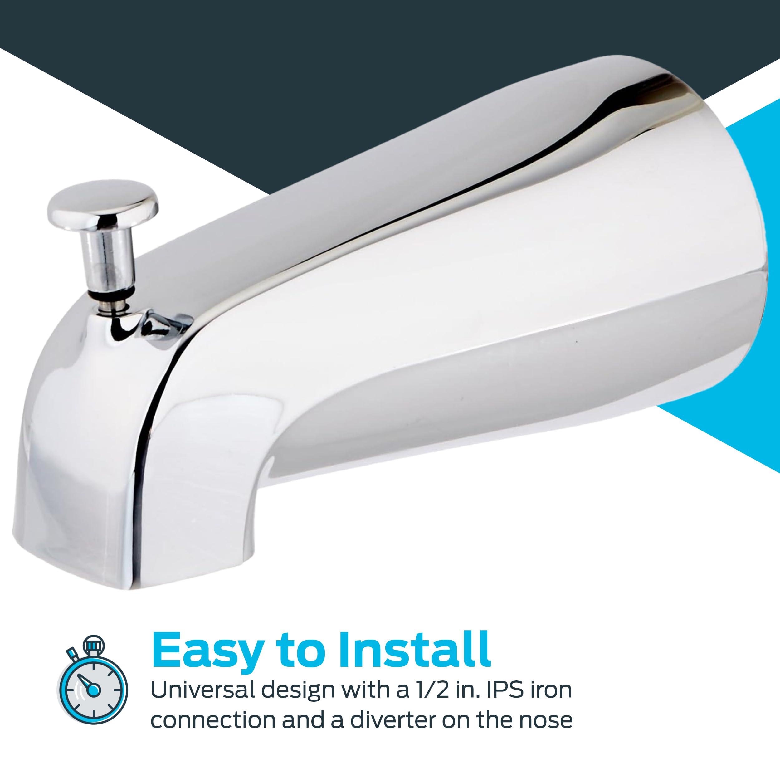 EZ-FLO 5-3/8 Inch Nose Diverter Tub Spout, 1/2 Inch IPS Connection, Chrome Finish, 15083