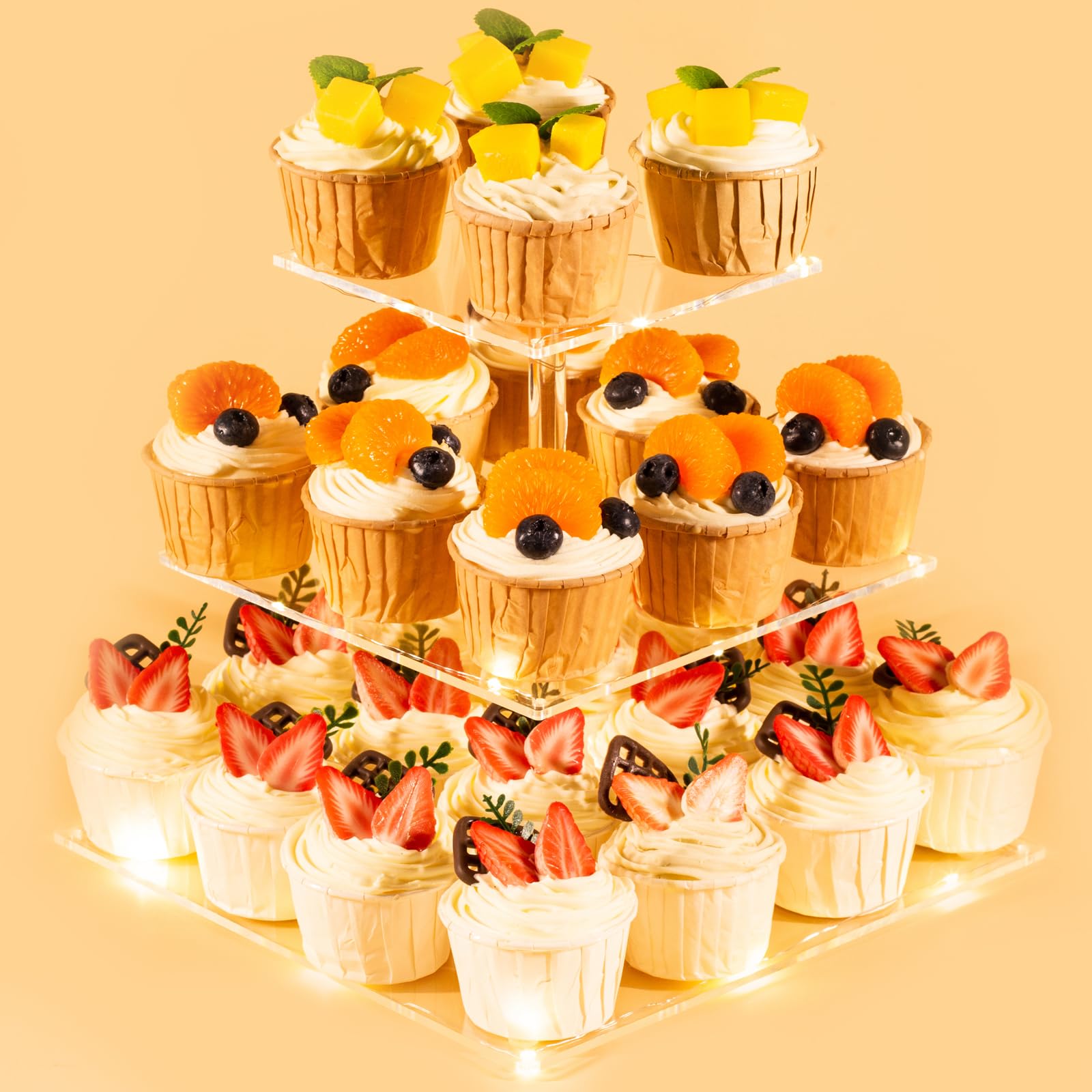 HENABLE 3-stöckiger Cupcake-Ständer Cupcake-Halter, Acryl-Cupcake-Turm mit gelbem LED-Licht für 24 Cupcakes, Desserttisch-Display-Set für Geburtstag, Bar, Dekor, Hochzeiten, Partys, Events