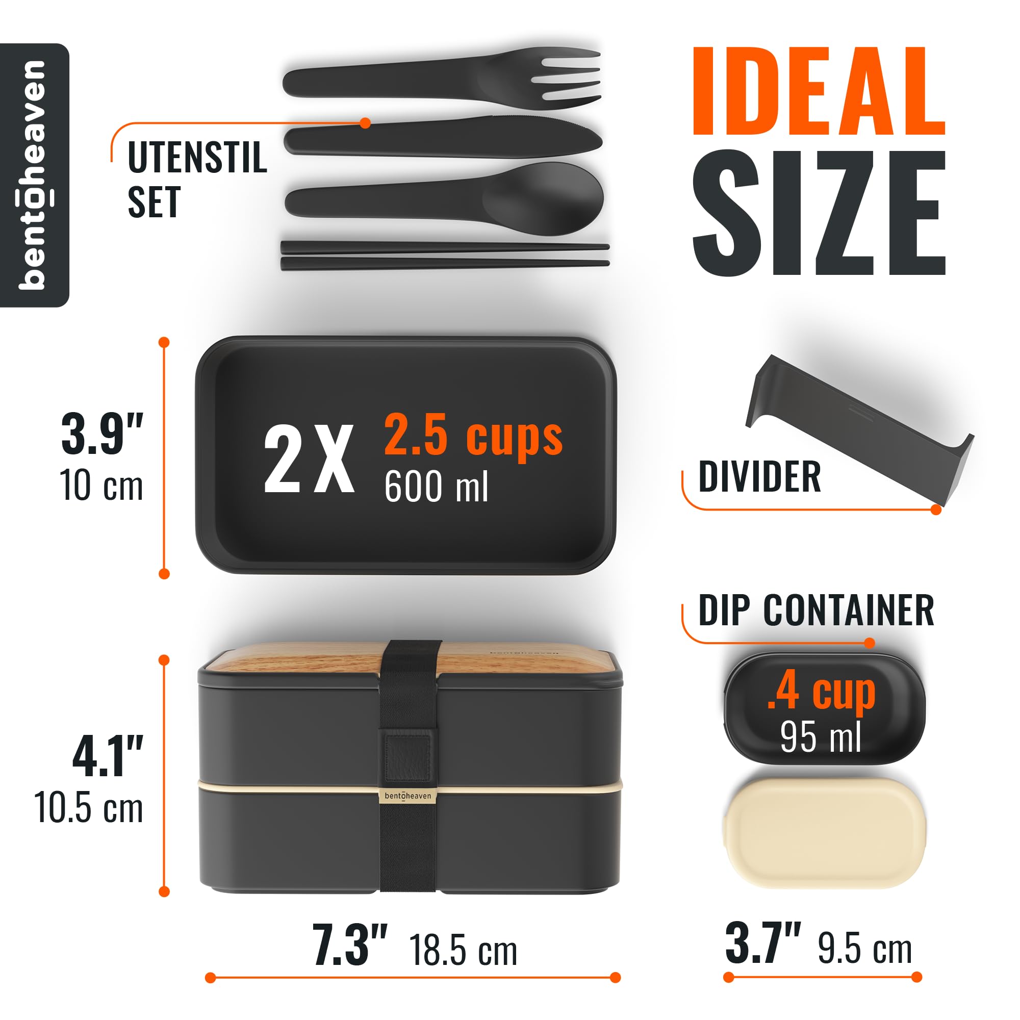 Bentoheaven Premium Bento Box Adult Lunch Box with Compartments for Women & Men, Set of Utensil & Chopsticks & Dip Container, Cute Japanese Kids Bento Lunch Box, Microwavable (Symph Onyx)