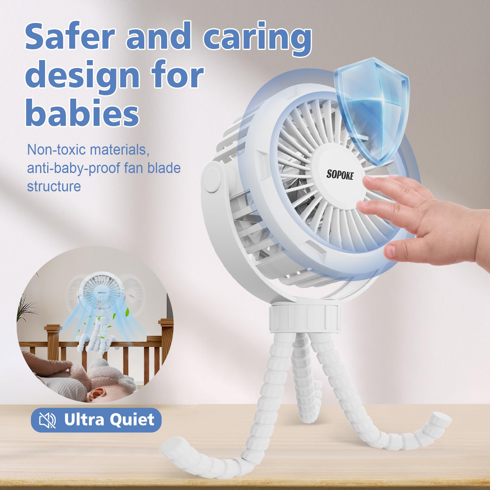 SOPOKE Mini Portable Baby Stroller Fan,3 Speed Personal Handheld Fan,Battery Operated Rechargeable 360° Flexible Tripod Cooling Fan, Suitable for Car Seat Crib Treadmill Golf Cart Travel(Yellow)
