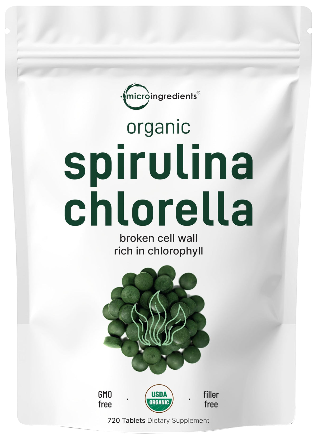 Micro Ingredients Bio Spirulina Chlorella Tabletten, 720 Tabletten (4 Monatsvorrat) | 50/50 Mischung Superfood | Aufgebrochene Zellwand für bessere Absorption | Reich an veganem Protein & Chlorophyll