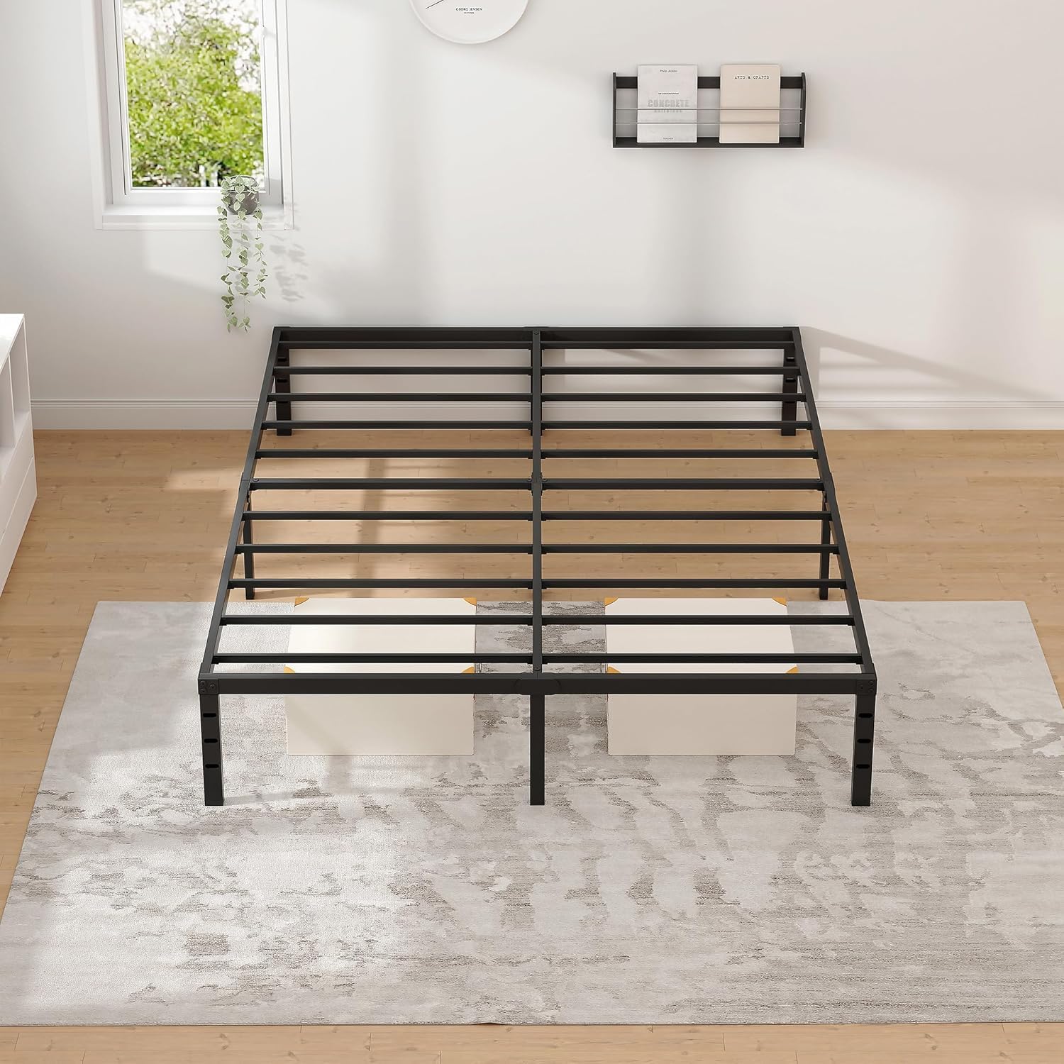 NEW JETO Metal Bed Frame,Queen Size Bed Frame with Storage Space,Heavy Duty Sturdy Mattress Foundation,Easy Assembly,No Box Spring Needed, Black,14 Inch,Queen