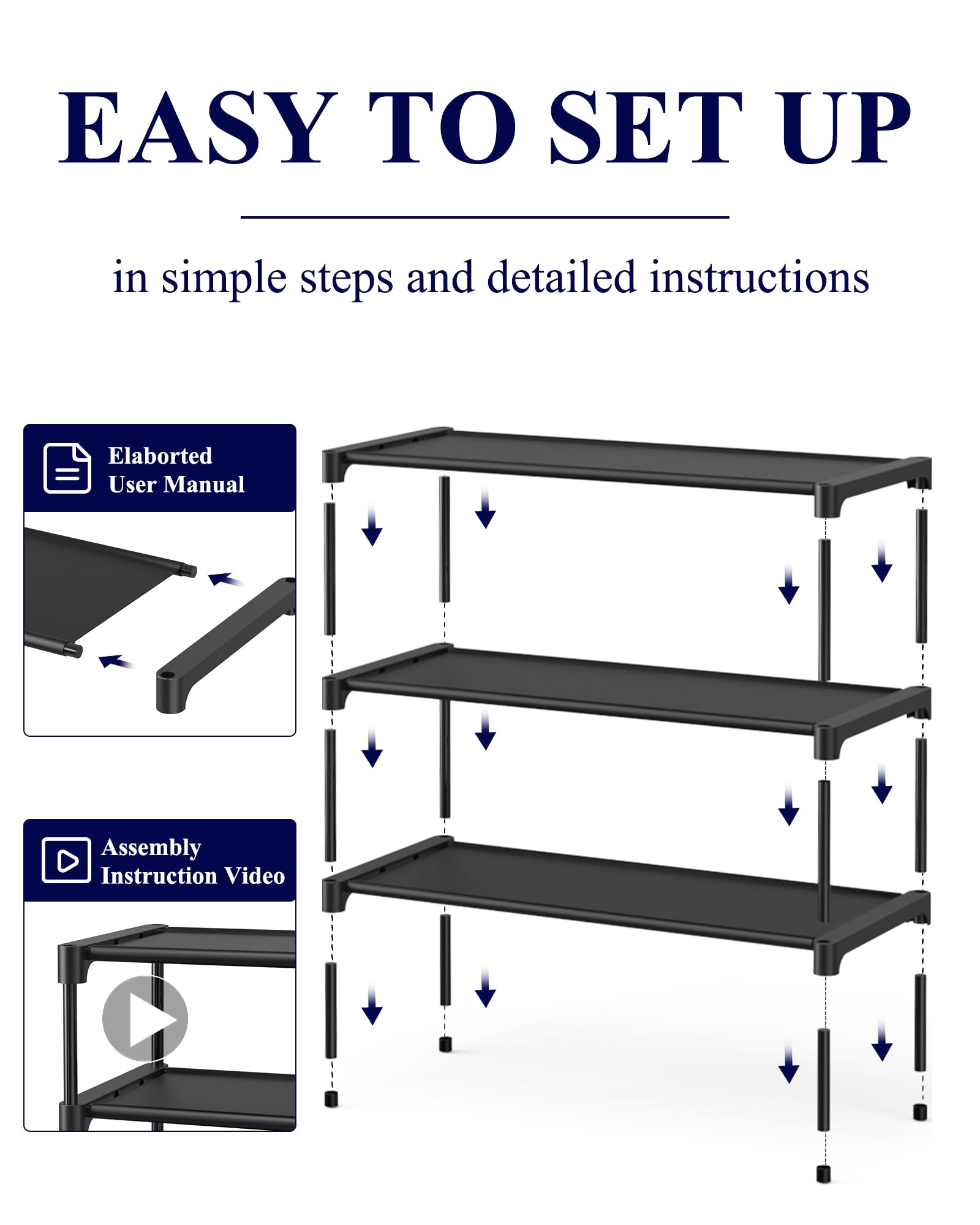 Kitsure Shoe Rack - Non-Woven Shoe Rack Shelf, Shoe Organizer for Closet, Entryway, Garage & Corridor, Stackable Shoe Shelves, 27.5" Wide - 3 Tier, Black