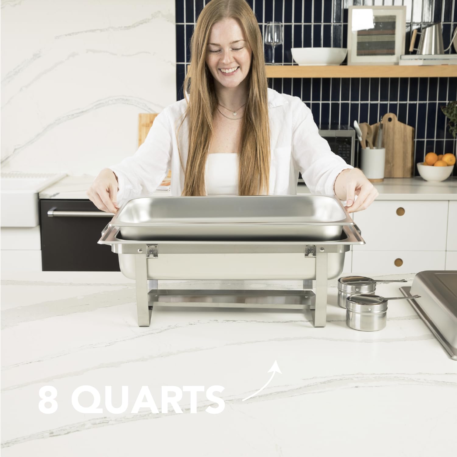 Alpha Living 4 Pack Chafing Dish Full Set – Stainless Steel Catering Chafer with Lids, Pans & Fuel Holders – Buffet Food Warmers for Parties, Events & Weddings – Alpine Gray Handles