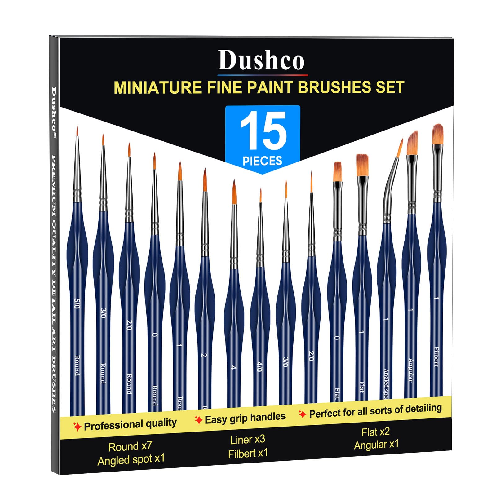 Dushco Detail Pinselset – 15 Miniaturpinsel für Acryl, Aquarell, Gouache, Öl und Gesichtsfarben, Modellbau, Figuren und Malen nach Zahlen für Erwachsene
