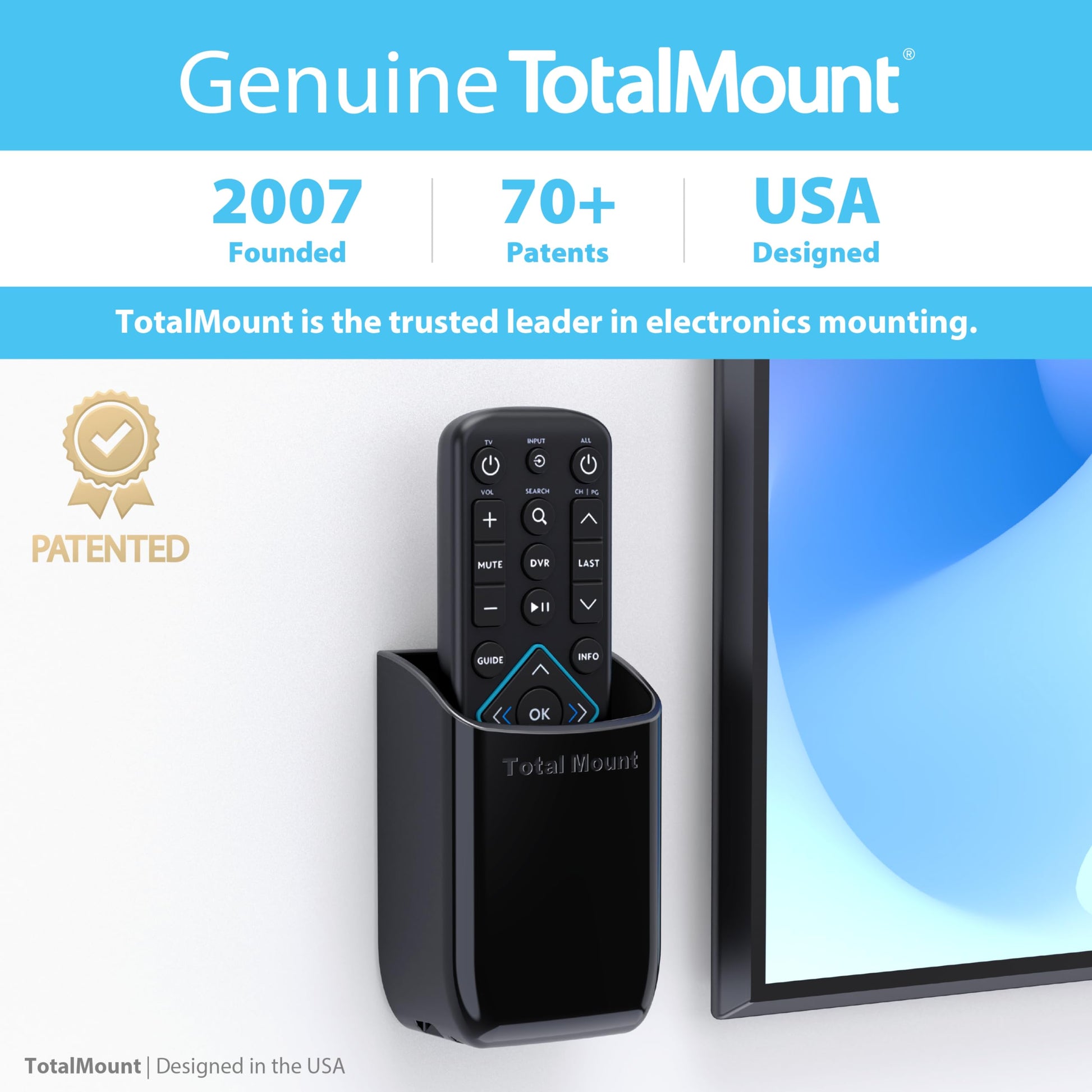 TotalMount Hole-Free Remote Control Holder – Eliminates Need to Drill Holes in Your Wall (Black, Quantity 1)