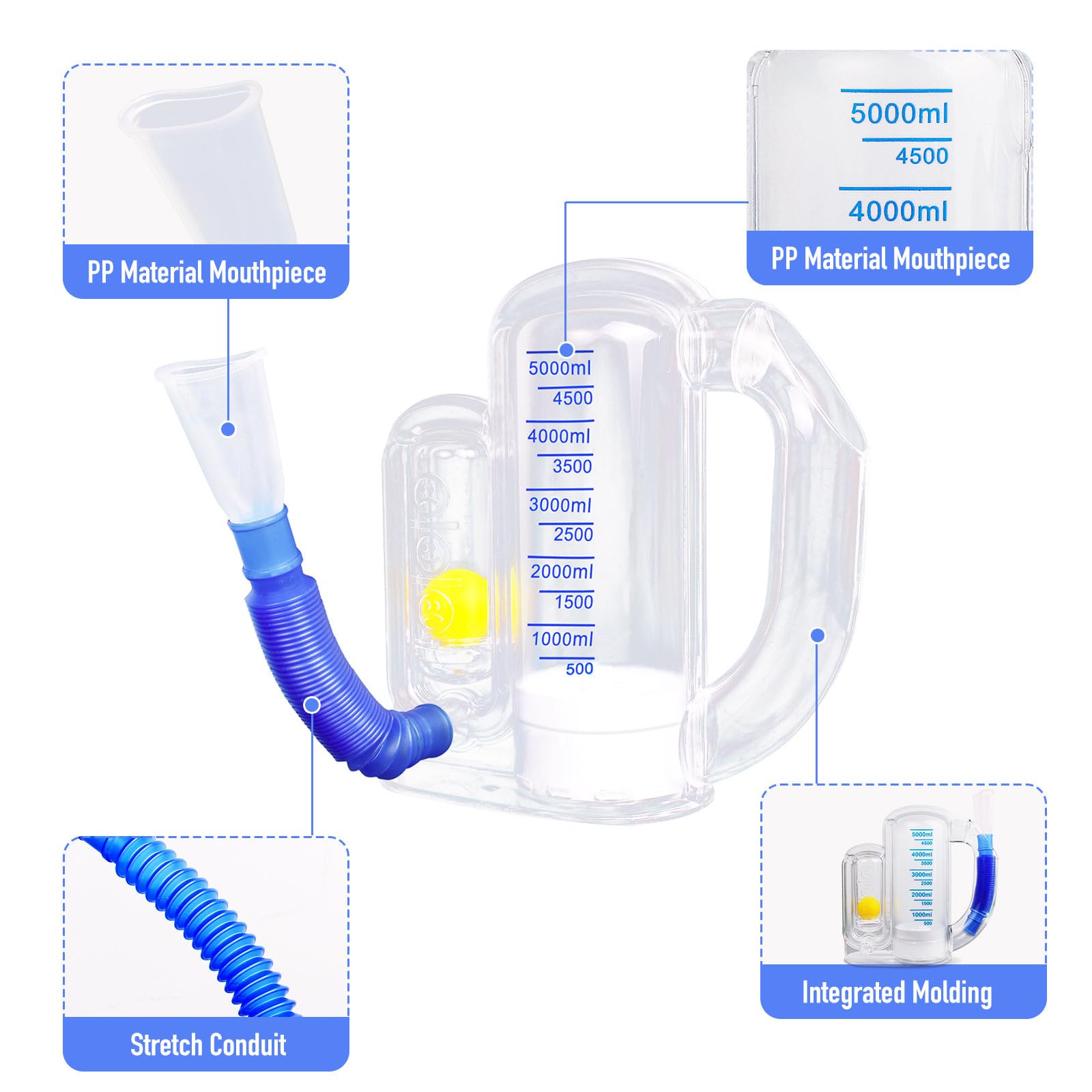 Incentive Spirometer Adult,Breathing Exercise Device for Lungs,Deep Breathing Trainer for Children and Adult,5000ml Volume Measurement with Flow Rate Indicator.