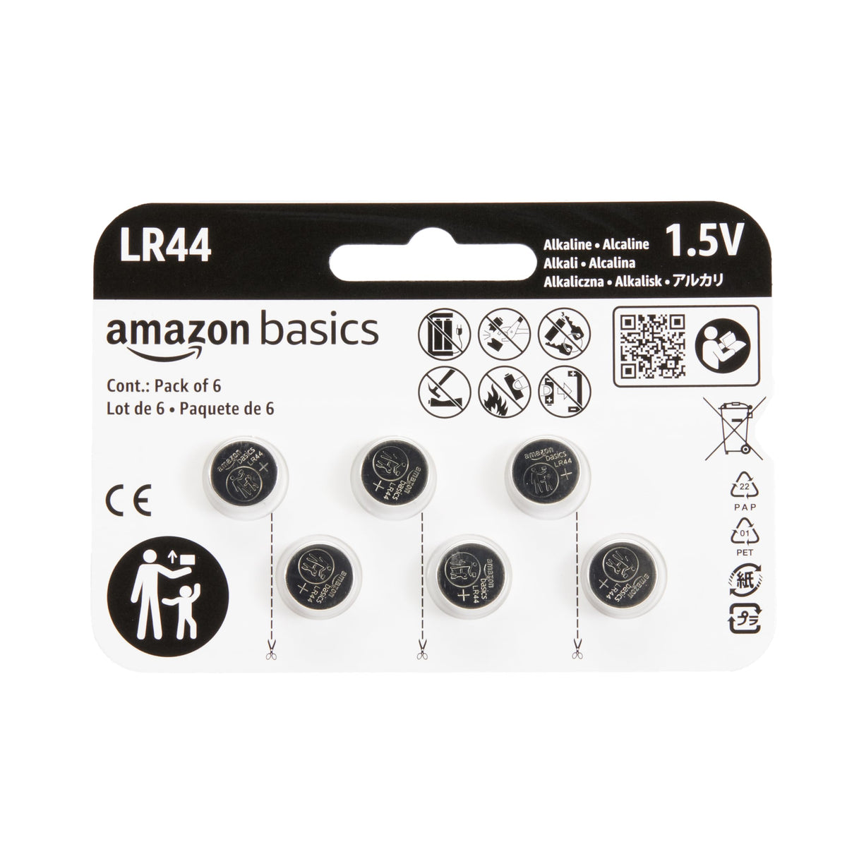 Basics 6-Pack LR44 Alkaline Button Coin Cell Battery, 1.5 Volt, Long Lasting Power, Mercury-Free