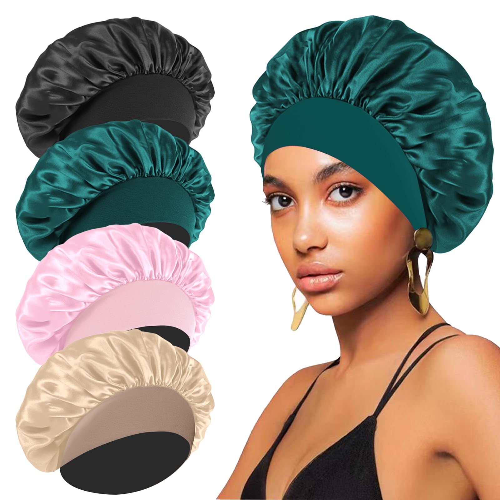 4 Stücke Seidensatin-Hauben für Frauen & Männer – Elastisches breites Band Haarwickelkappe für Lockiges Haar – Duschhaube zum Schlafen (Schwarz, Pfauenblau, Pink, Khaki)