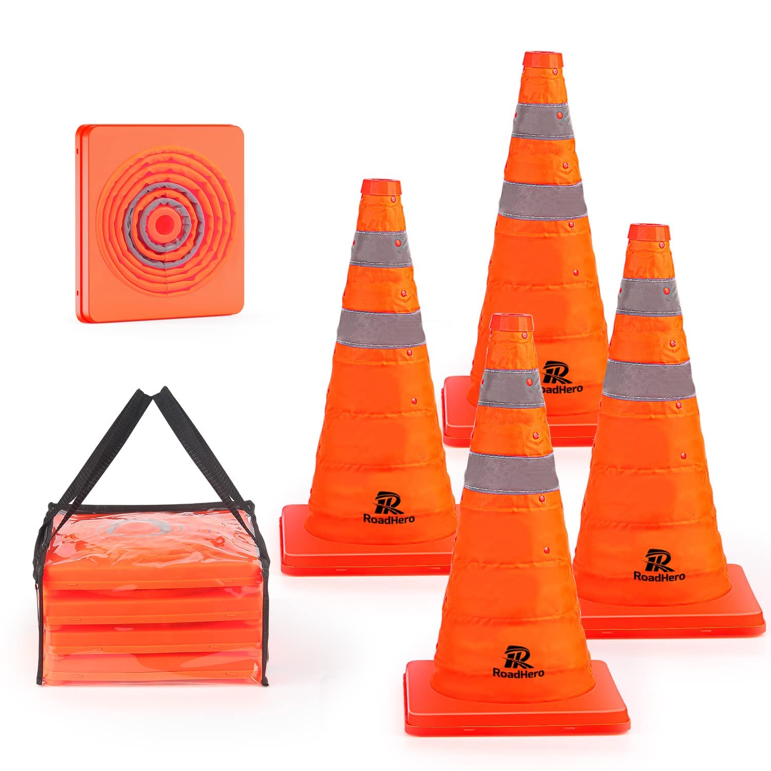 مخاريط مرور قابلة للطي من RoadHero، 4 عبوات مقاس 18 بوصة، مخاريط منبثقة متعددة الأغراض مع طوق عاكس لسلامة الطرق، مخاريط برتقالية لتدريب القيادة ومواقف السيارات