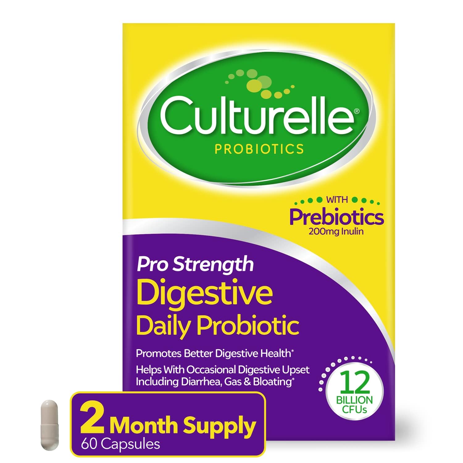 Culturelle Pro Strength Daily Probiotics For Digestive Health (إمداد يكفي شهرين) مع البريبايوتكس للنساء والرجال، يدعم الإسهال العرضي والغازات والانتفاخ، خالٍ من الغلوتين والصويا، 60 كبسولة