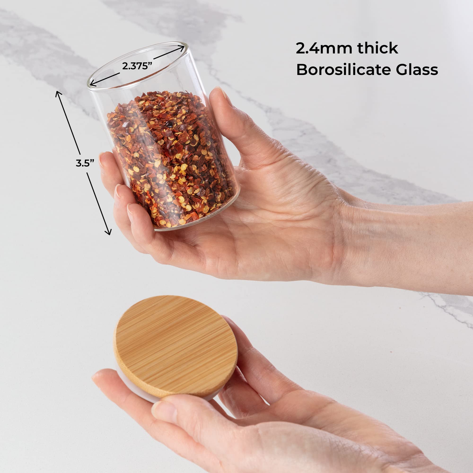 Bloomondo Empty Spice Jars with Label Pack (12x Bamboo Lid Glass Jar). Small 6oz Spice Storage Bottles with 112 Printed Stickers and 48 Writable Pantry Labels for Seasoning Containers