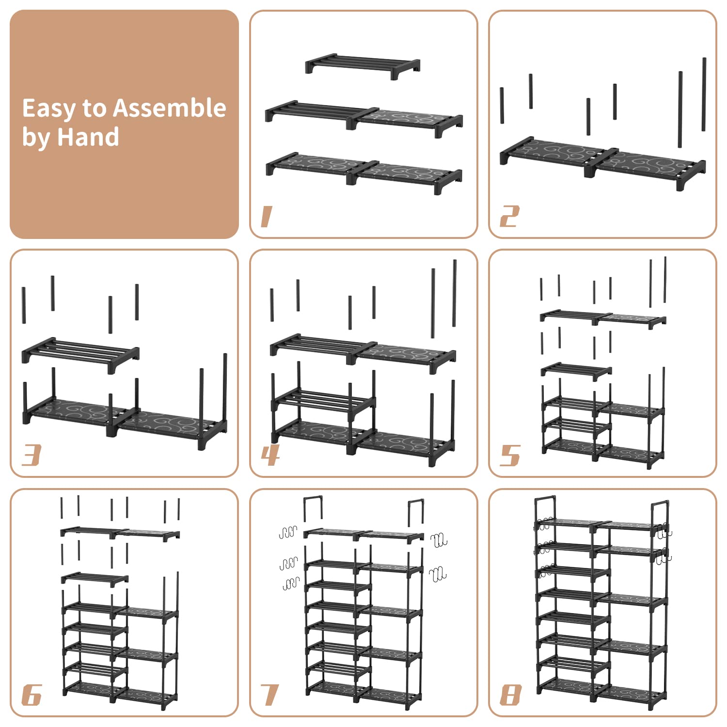 ROJASOP Shoe Rack Organizer, 8-Tier Metal Shoe Rack for Closet Entryway Garage, 26-32 Pairs Tall Shoe Boot Storage Shelf with 15 Hooks, Stackable Large Shoe Stand