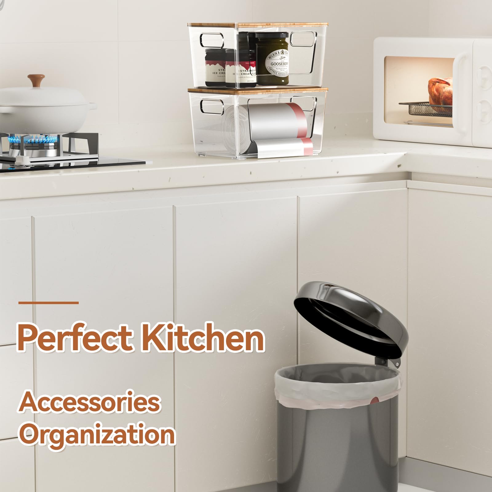 2 Pack Trash Bag Holder with Bamboo Lid, Stackable Trashbag Dispenser, Extra Large Garbage Bag Holder for Kitchen Laundry Room Under Sink Organization and Storage