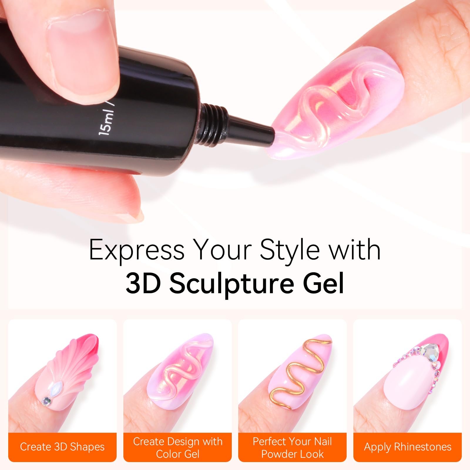 Makartt 3D Gel Nail Art - 3D Nail Gel Sculpting Gel Nail Glue 15g No Wipe Clear Gel Polish for Nail Designs DIY Nail Art Glue for Drawing, Molding, Sculpture, Gems and Decoration