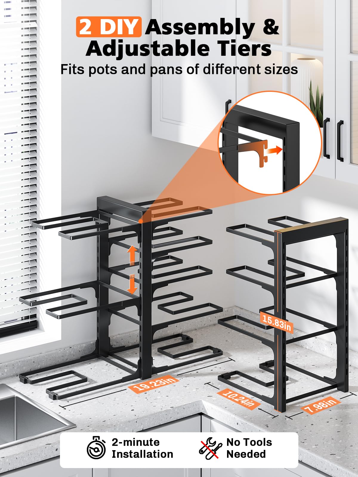 MUDEELA 8-Tier Pan Organizer Rack for Kitchen Cabinet Storage and Organization, 15.83" Height Heavy Duty Pots and Pans Organizer under Cabinet, Adjustable Pot Organizer Rack