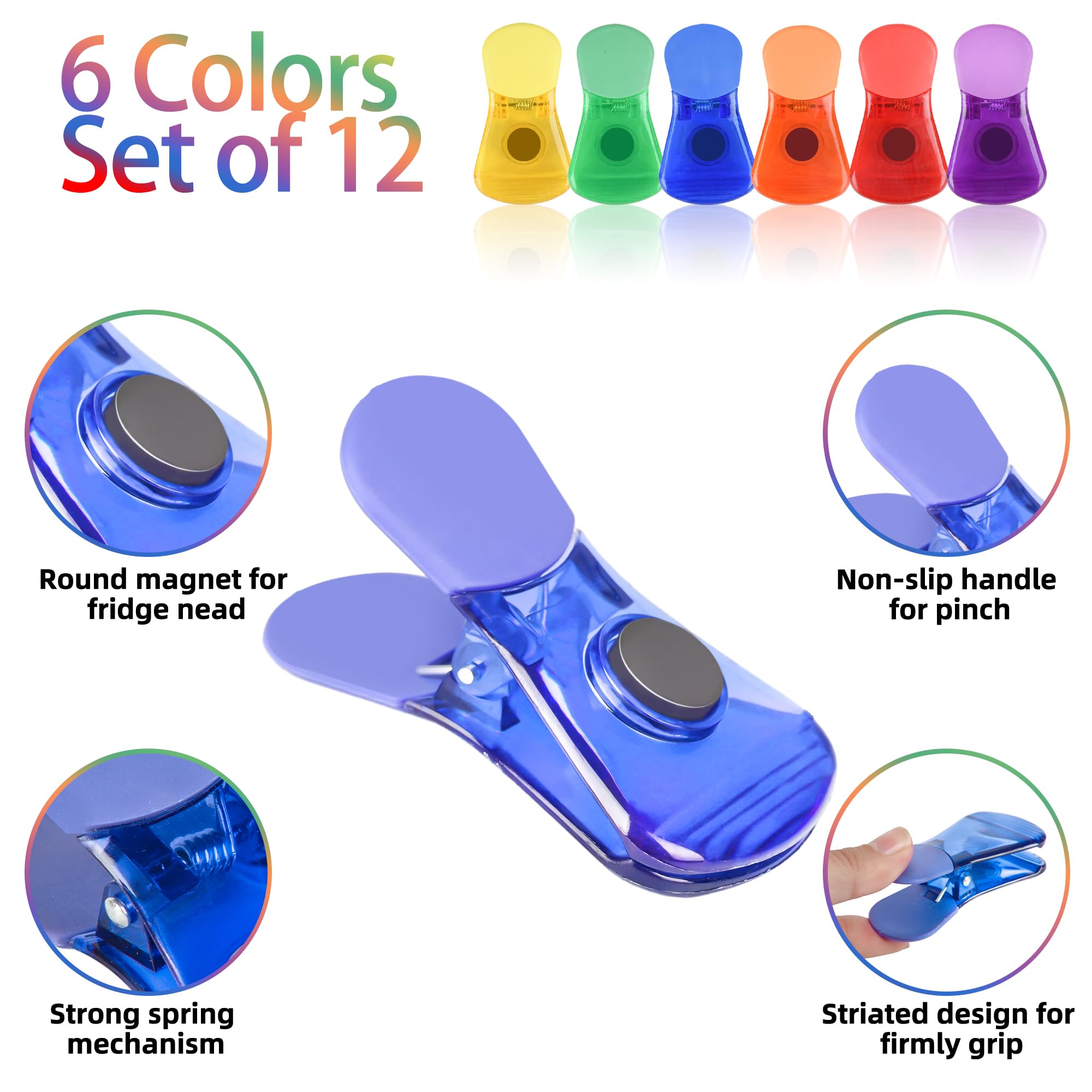 Ninth Five Bag Clips, 12 Pack Food Chip Snack Bag Sealing Clips, Color Refrigerator Magnet Clips Air-Tight Clips for Home Kitchen Storage
