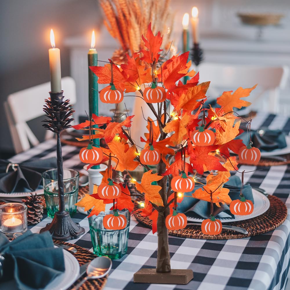 hogardeck Fall Decorations for Home, Thanksgiving Decorations, 24”2FT Lighted Maple Leaves Tree with 24 LEDs & 12 Wood Pumpkin Ornaments, Battery Powered Timer Artificial Trees for Autumn Table Decor