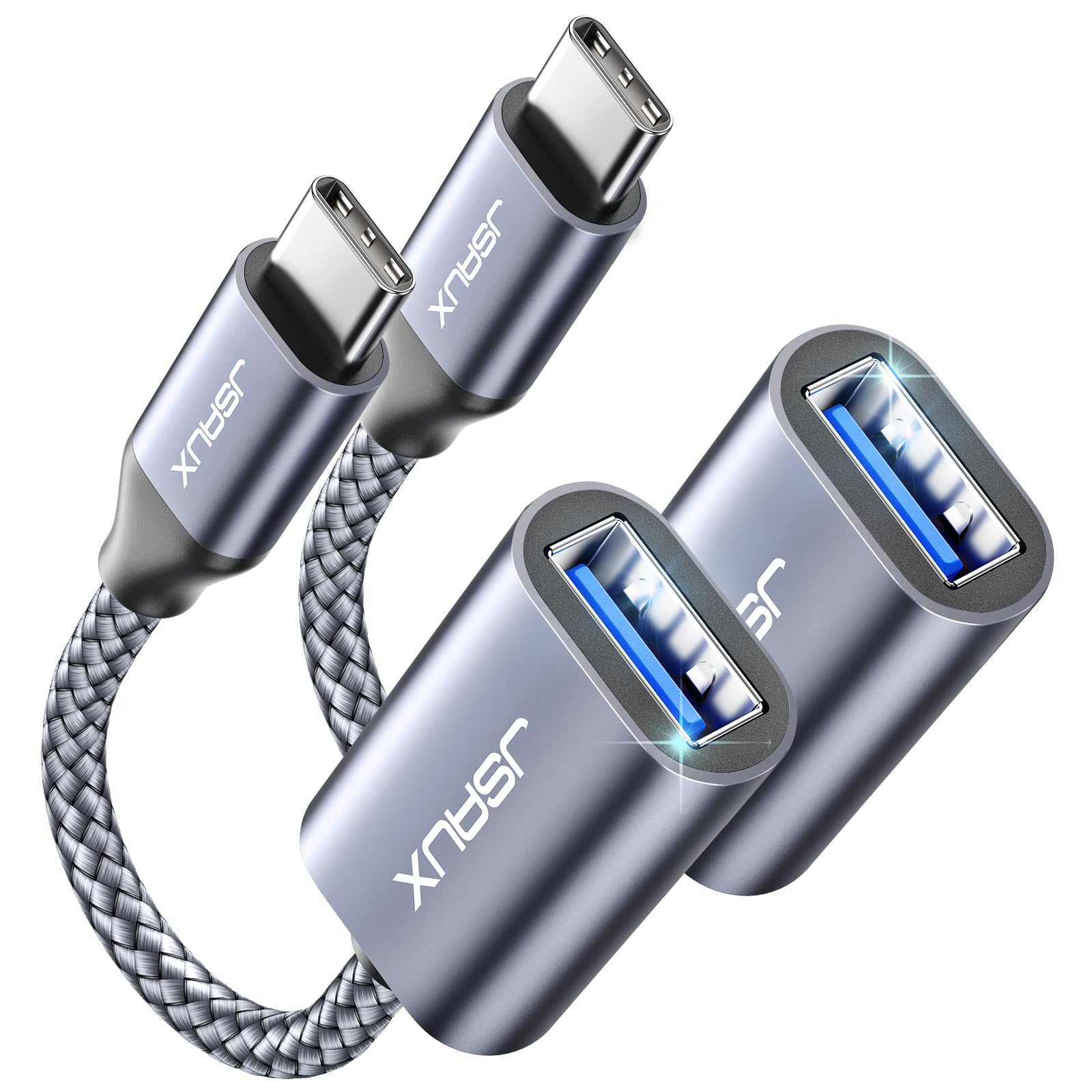 JSAUX USB-C-auf-USB-3.0-Adapter [2 Stück], USB-C-Stecker-auf-USB-Buchse-OTG-Kabeladapter Kompatibel mit MacBook Pro/Air, iPhone 17 Pro Max/iPhone Air/16e/16/15 Serie, Samsung Galaxy S25/S24/S23