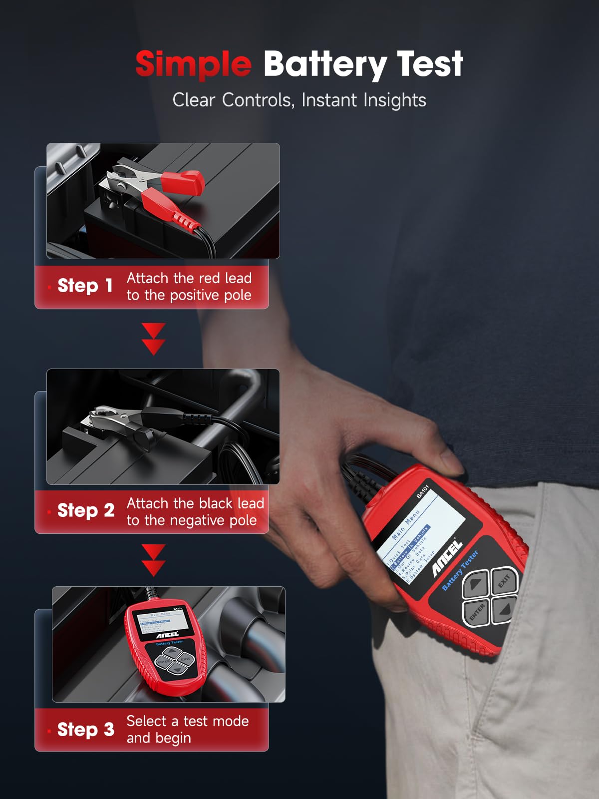 ANCEL BA101 Car Battery Tester, 12V Digital Automotive Alternator Meter Diagnostic Tool,100-2000 CCA Load Capacity, Charging & Cranking Analyzer for Truck, Boat, RV, Marine Vehicle, and More
