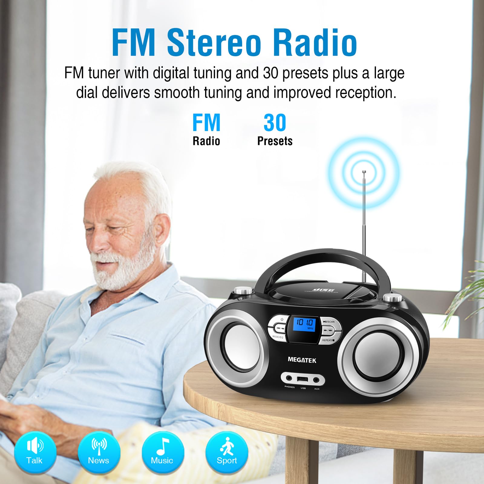 MEGATEK Portable CD Player Boombox with FM Radio, Bluetooth, USB Port, AUX Input, and Headphone Jack – CD-R/CD-RW/MP3-CD Compatible, Clear Stereo Sound, Backlit LCD Display – Black