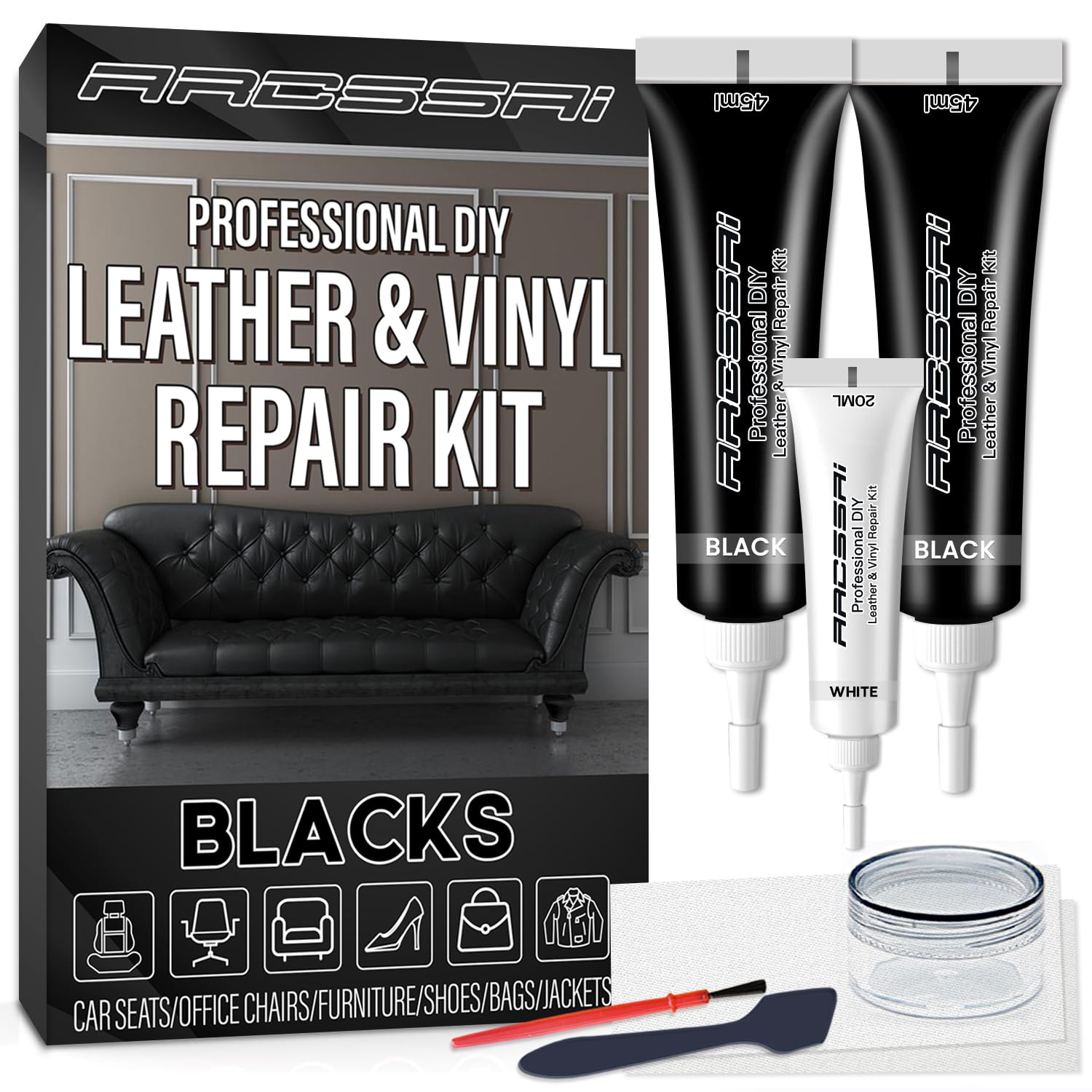 Black Leather Repair Kit, Vinyl Repair Kit for Car Seats, Couch, Boat, Sofa & Purse, Fix Scratch & Rip on Artificial, Faux, Genuine Leather, with Color Matching Guide & Super Easy Instructions