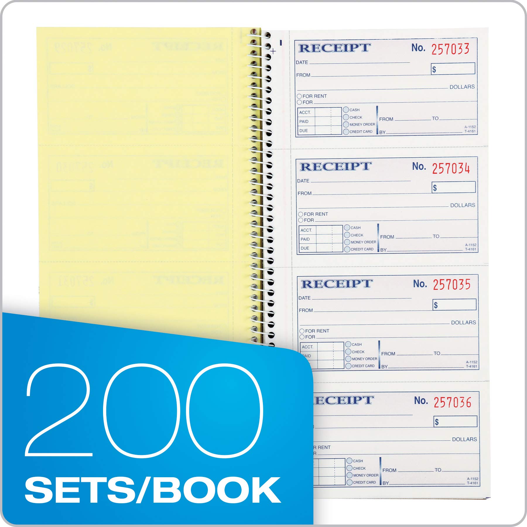 Adams Money and Rent Receipt Book, 2-Part Carbonless, 5-1/4 x 11, Spiral Bound, 200 Sets per Book, 4 Receipts per Page (SC1152)