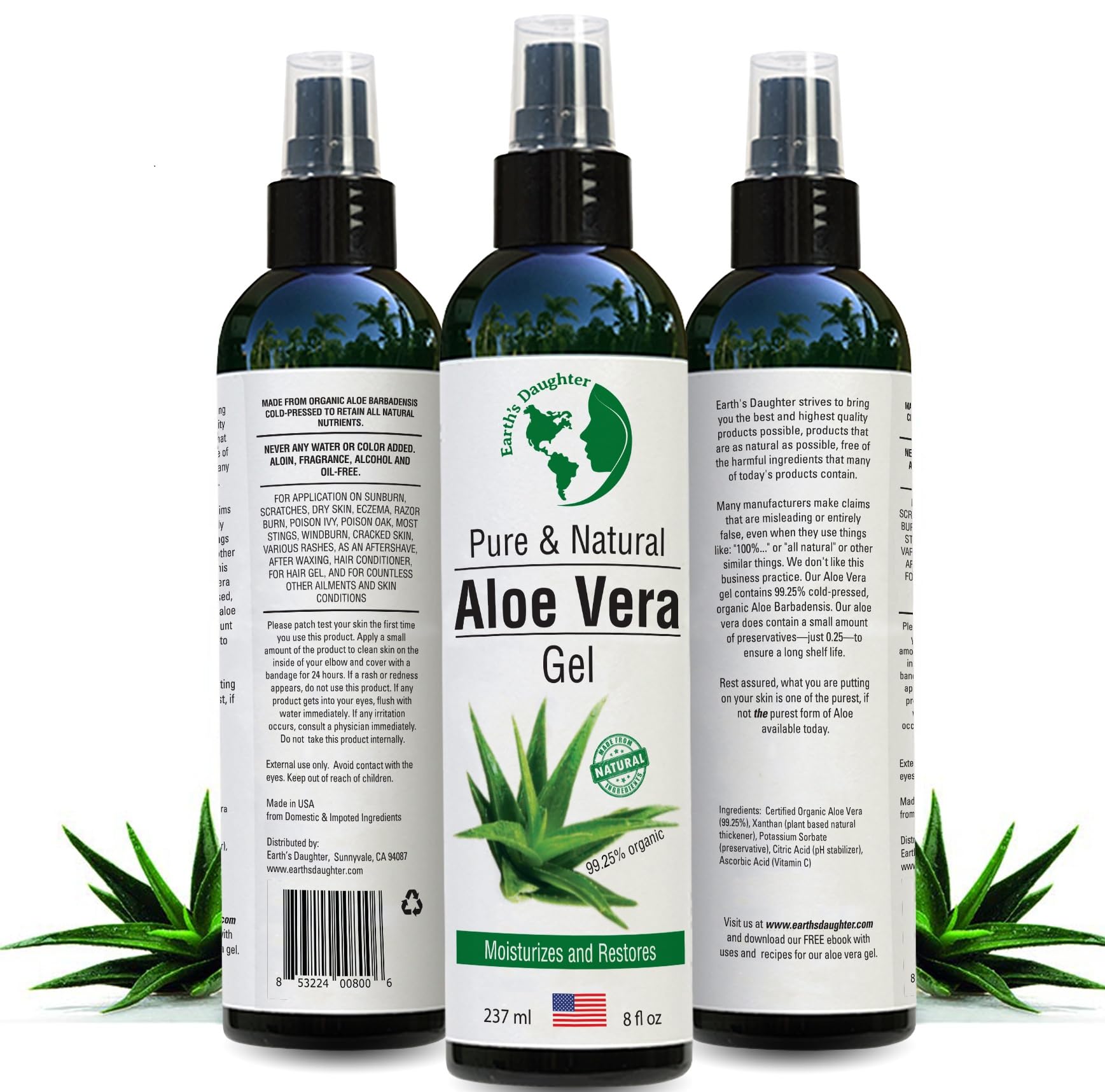 Earth's Daughter Organic Aloe Vera Gel from 100% Pure and Natural Cold Pressed Aloe - Great for Face - Hair - Acne - Sunburn - Bug Bites - Rashes - Eczema - 8 Oz.