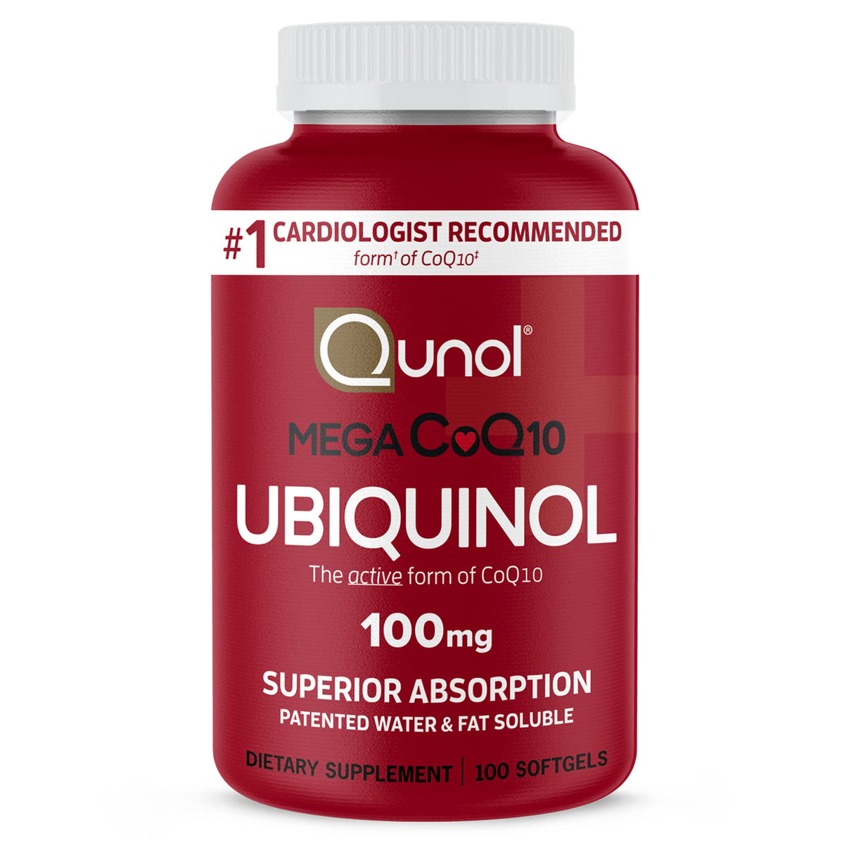 Qunol Mega Ubiquinol 100mg CoQ10, Überlegene Absorption, patentiertes wasser- und fettlösliches natürliches Nahrungsergänzungsmittel in Form von Coenzym Q10, Antioxidans für die Herzgesundheit, 100 Weichkapseln