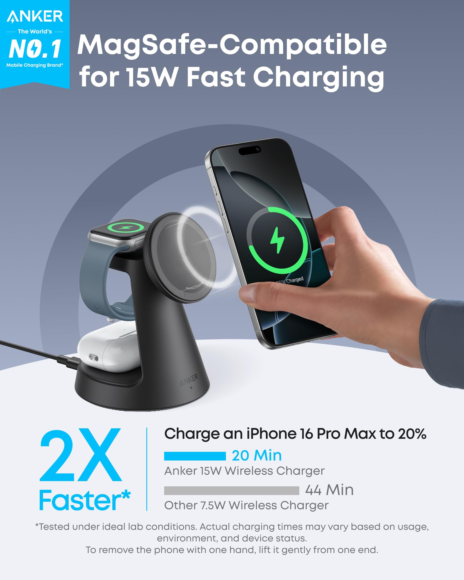 Anker MagSafe Charger Compatible, MagGo 3-in-1 Charging Station, Nano Charging Stand, Qi2 Certified 15W Magnetic Wireless Charger Dock Stand, For iPhone16/15/14, Apple Watch,AirPods (Adapter Included)