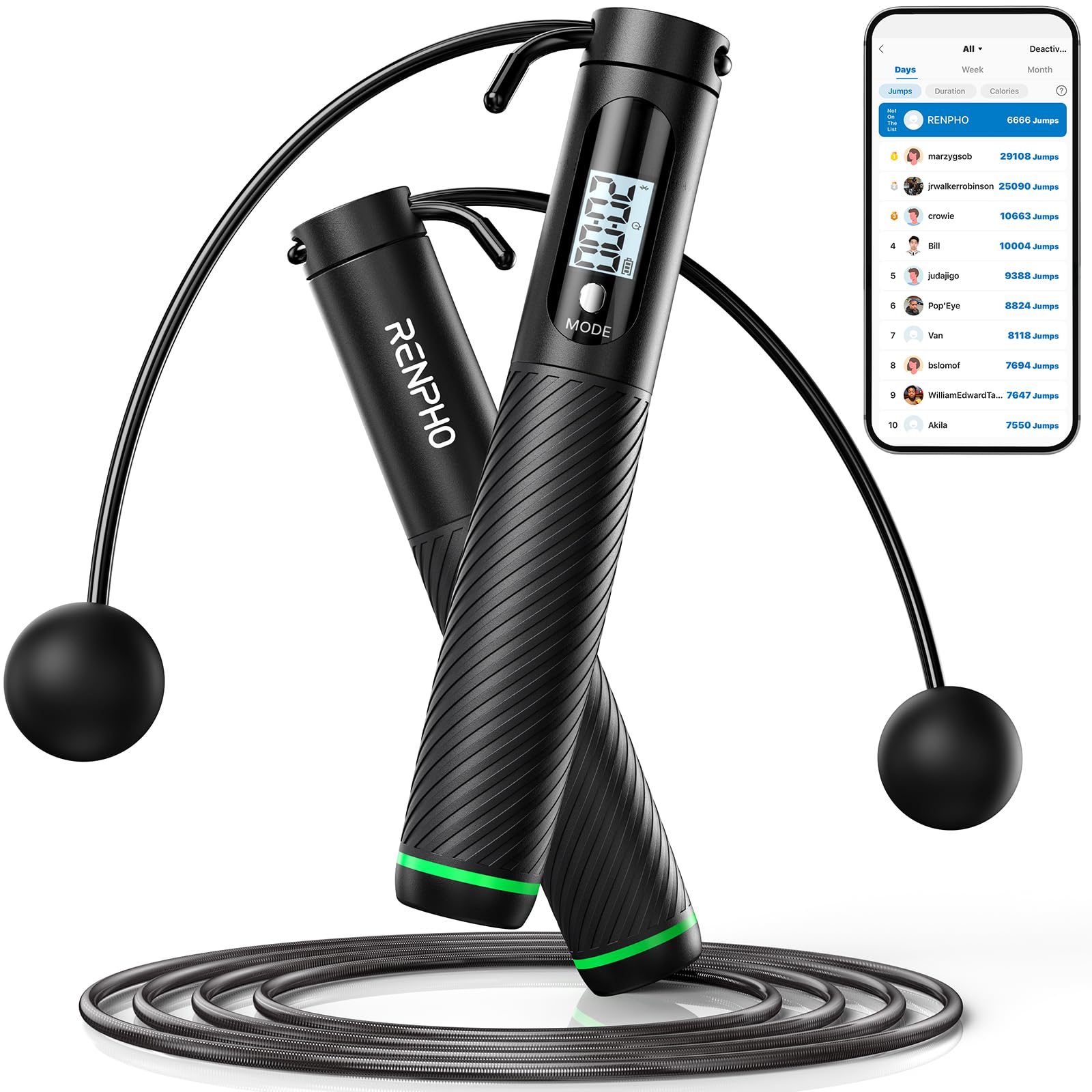 RENPHO Smart Skipping Rope with Counter, Adjustable Jump Ropes for Fitness, Skip Rope with APP Data Analysis, Workout Equipment for Women Men Adult Kids, Burn Calories, Boxing Jumping Rope, Gym, MMA