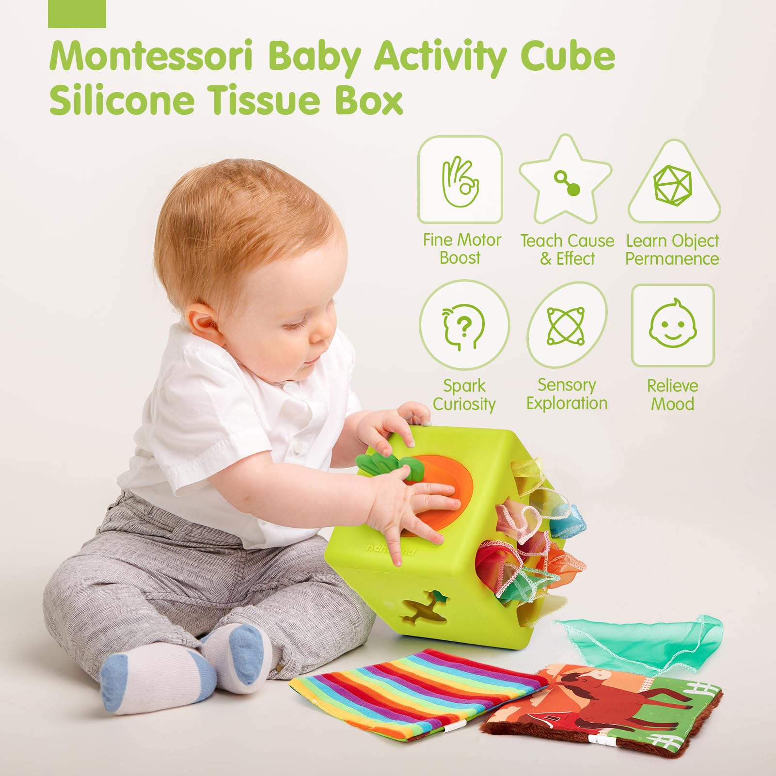 hahaland Baby Tissue Box Toy - Silicone Baby Toys 6-12 Months Montessori Toys for 6 Month Old, 6-in-1 Soft Busy Activity Cube with Scarves, Crinkle, Textures, Mirror, Sensory Popper, Stocking Stuffers