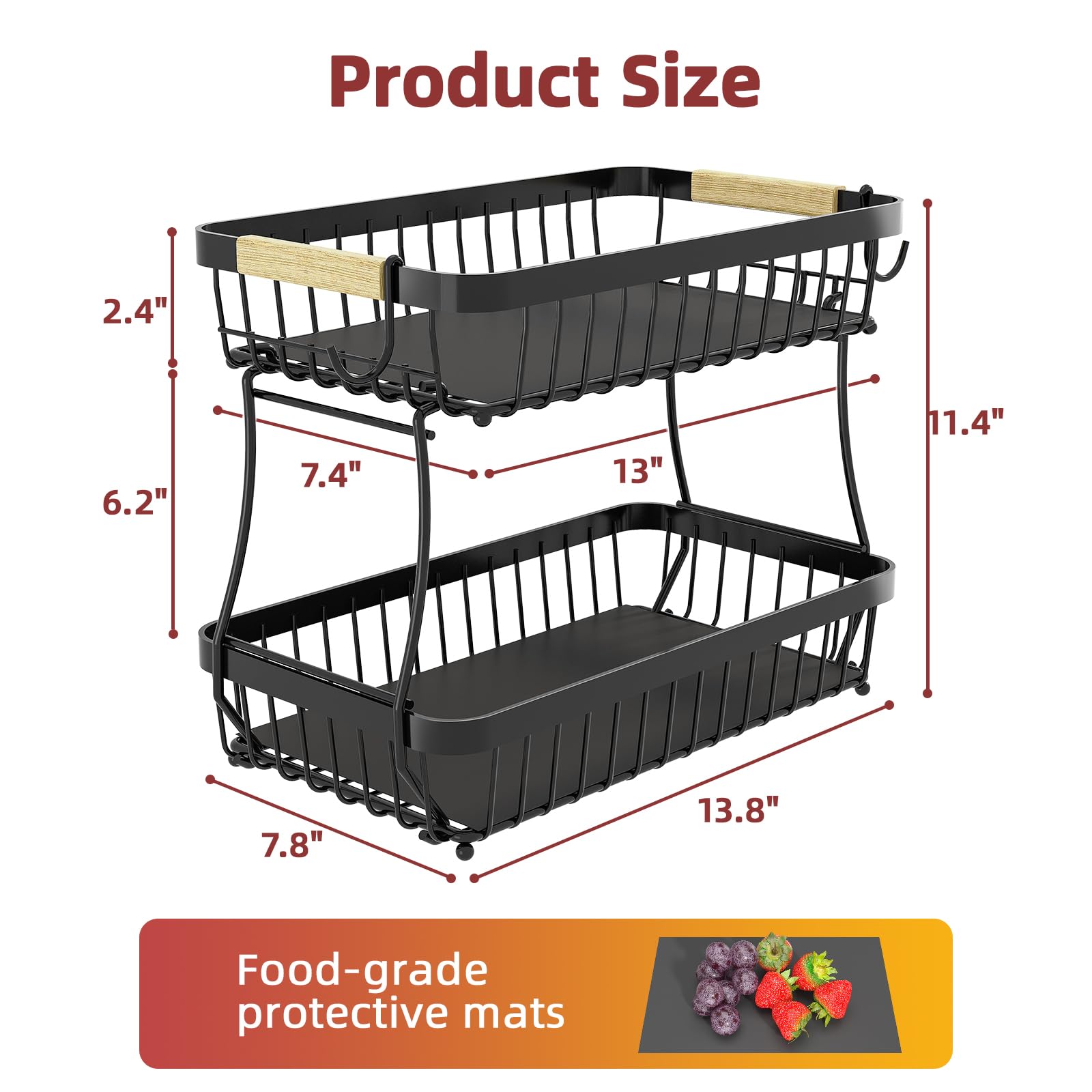 Sevenblue 2 Tier Fruit Basket for Kitchen Counter with 2 Mobile Banana Hangers, 2025 Pro Detachable Metal Fruit Bowl with Wooden Handle, Fruit Holder for Bread Snack Veggies with Protective Mats