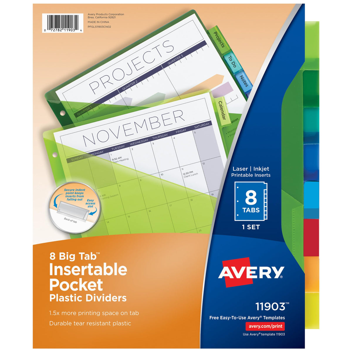 Avery Insertable Plastic Dividers for 3 Ring Binders, 8 Tabs per Set, Big Tabs, Two Pockets, Multicolor Binder Dividers, Works with Sheet Protectors (11903)