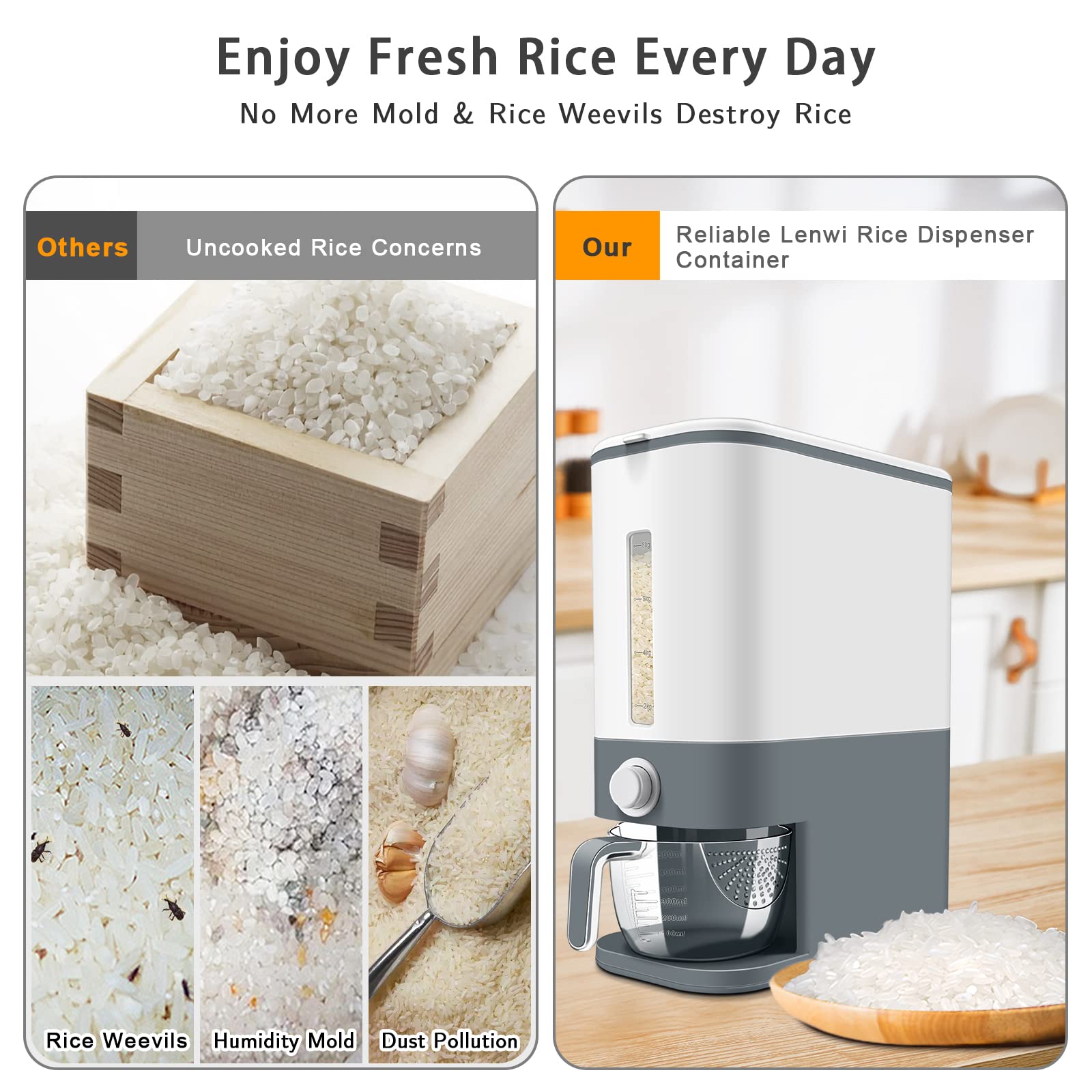 Lenwi 22-25 Lbs Rice Dispenser, Large Cereal Dry Food Storage Containers with Measuring Cup,BPA-Free Household for Kitchen Pantry Organization-Grey