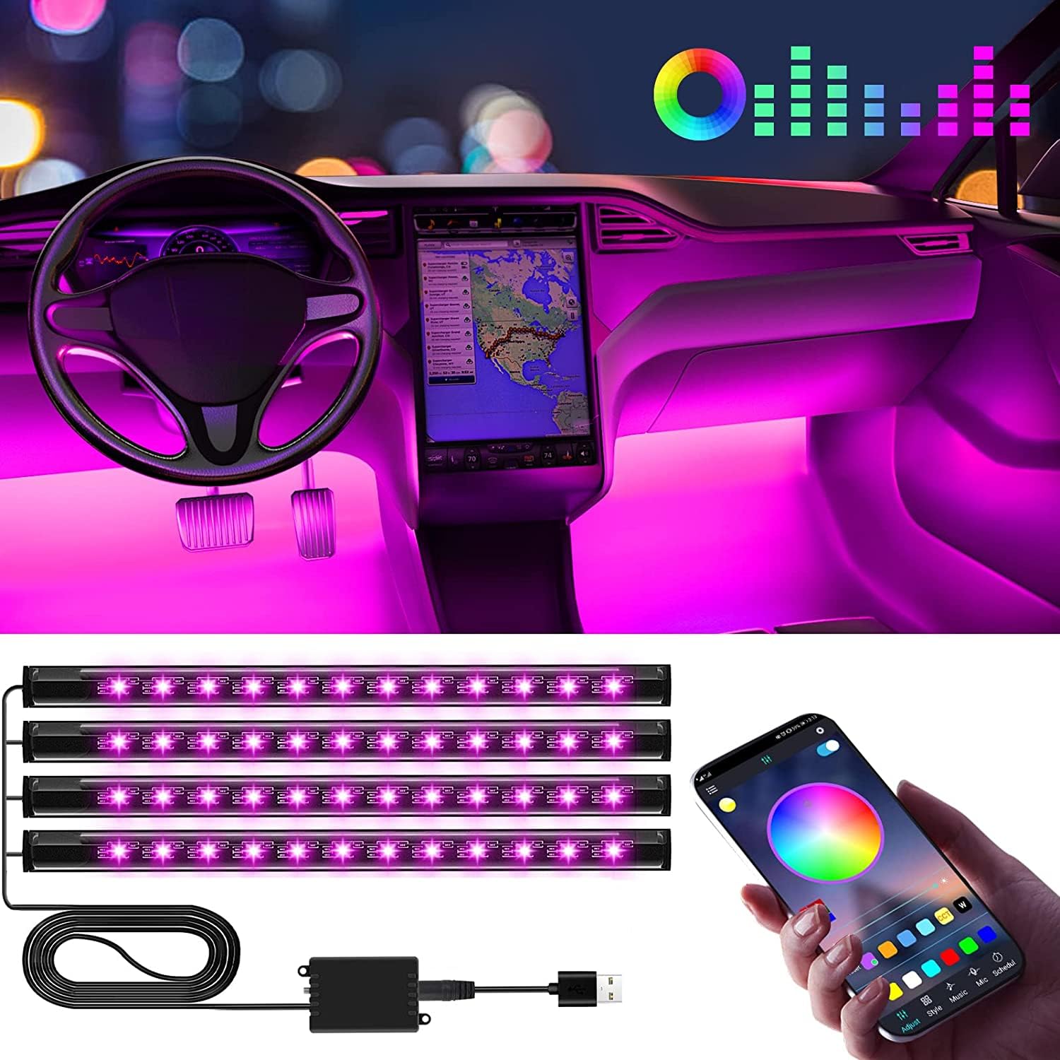 Winzwon LED-Leuchten für Autozubehör Innenraum, Geburtstagsgeschenke für Frauen Männer, Halloween Süßes oder Saures Auto Dekorationen Kit APP-Steuerung mit USB-Anschluss Farbwechselleuchten für LKW-Dekor, 12V