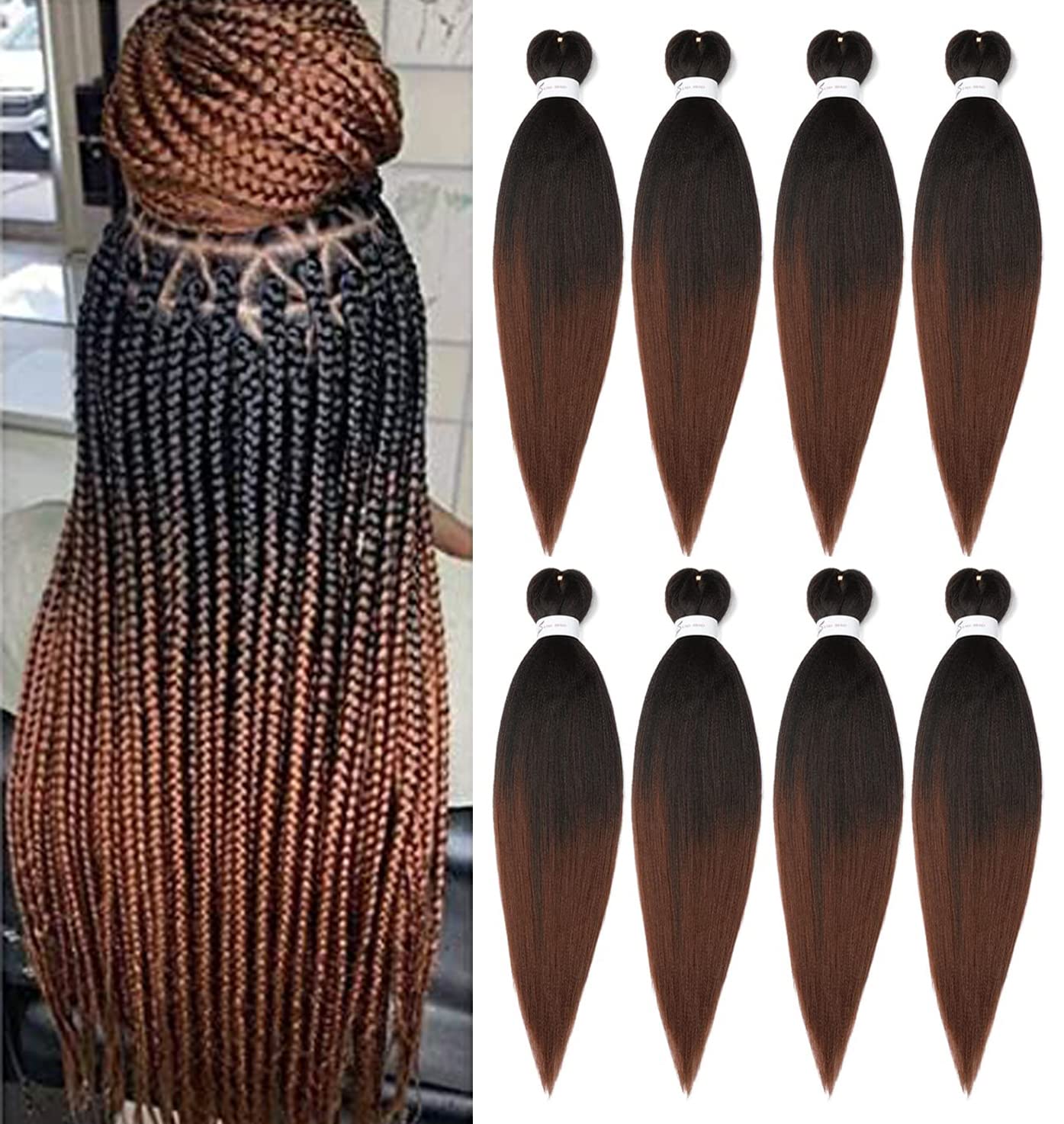 Geflechthaar vorgedehnt 24 Zoll 8 Packungen Ombre Flechthaar Professionelle weiche Yaki Textur, Heißwasser-Fixierungshaarverlängerungen für Zöpfe (24 Zoll, 1B/30)
