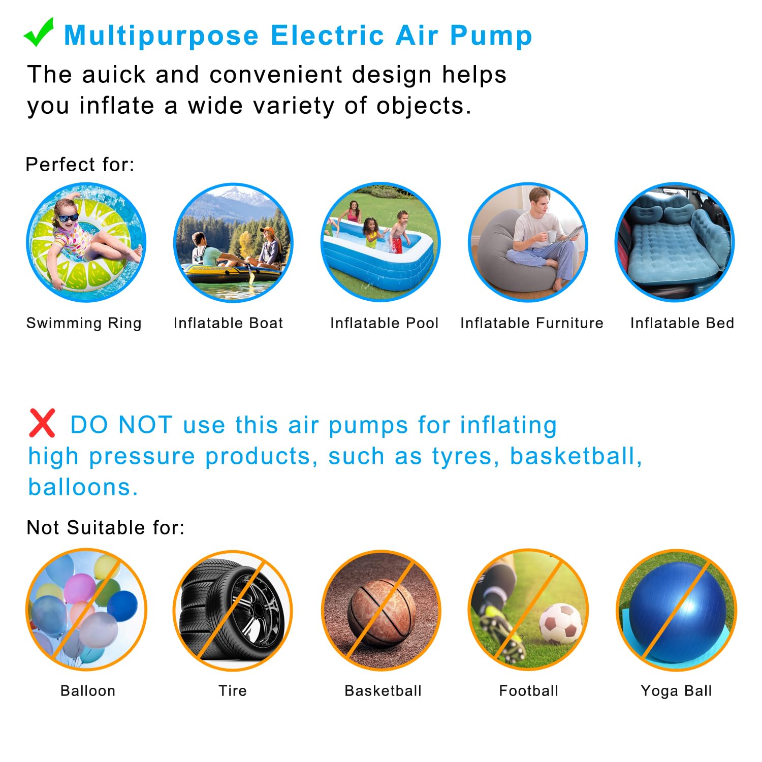 Newpol Inflatable Bed Pump, Electric Air Pump(100 Gallon/Min) for Air Mattress Beds, Inflatable Swimming Pools, Swimming Ring（AC110-240V/DC12V）