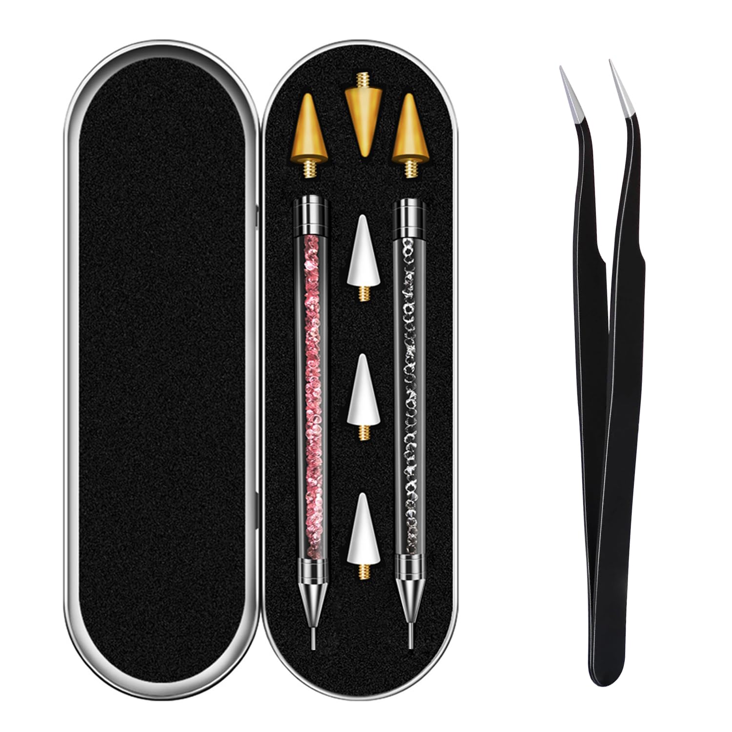 Vikerer Rhinestone Picker Tool, Dual-ended Rhinestones Applicator Nail Art Design Tool, 2 Pack Acrylic Handle Nail Pen with 4 Extra Wax Tips and1 Tweezer