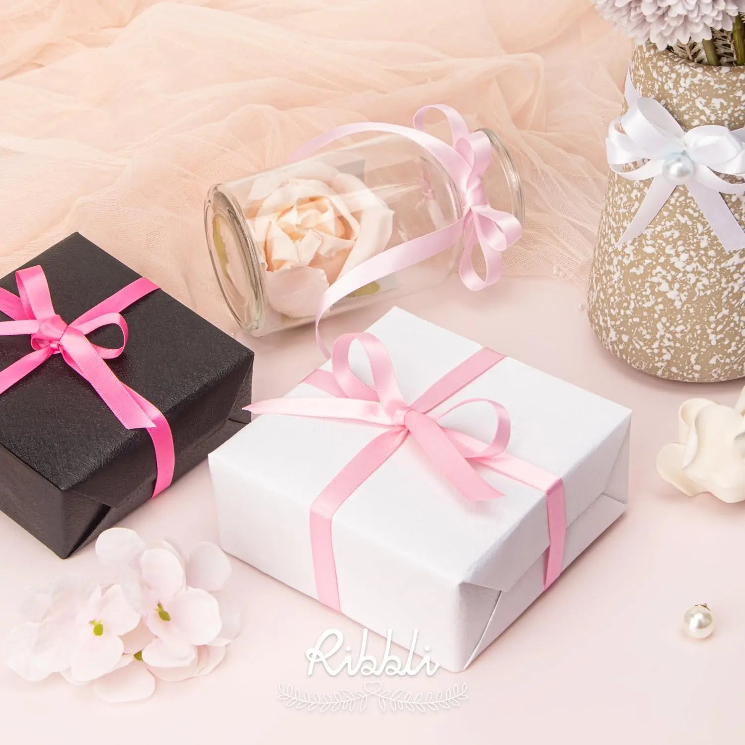 Ribbli Pink Satin Ribbon 3/8 Inch x 4 Rolls Total 40 Yards- White Pink Ribbon for Gift Wrapping Craft Wedding Decoration