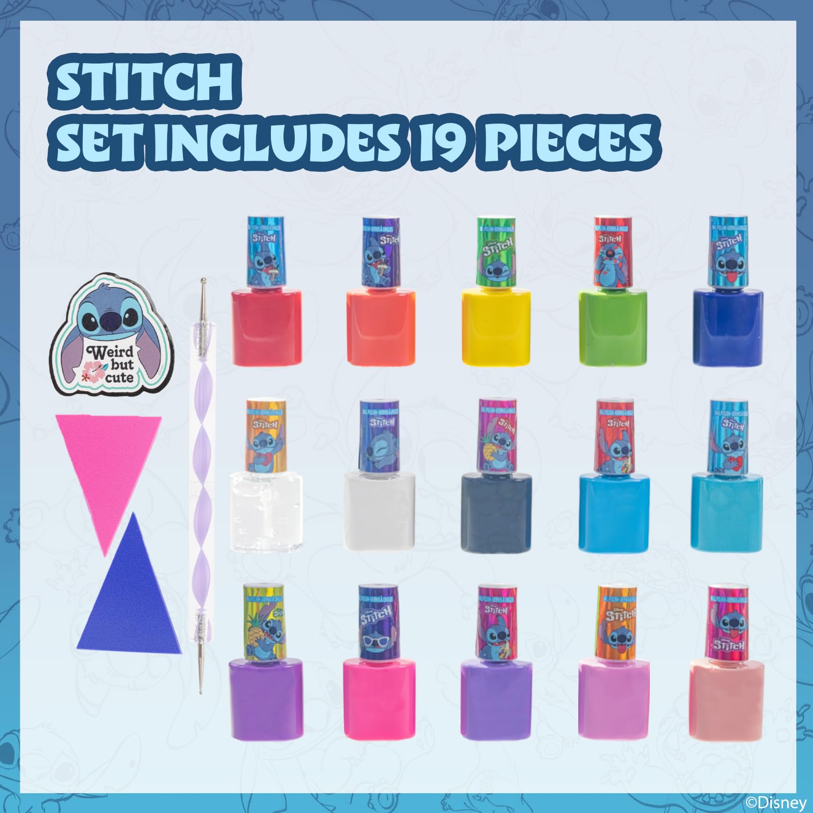 Townley Girl Disney Stitch 15 Piece Water-Based Nail Art Activity Makeup Set, Includes Nail Polish, Nail Brush and Nail Files, For Parties, Sleepovers and Makeovers, Ages 6